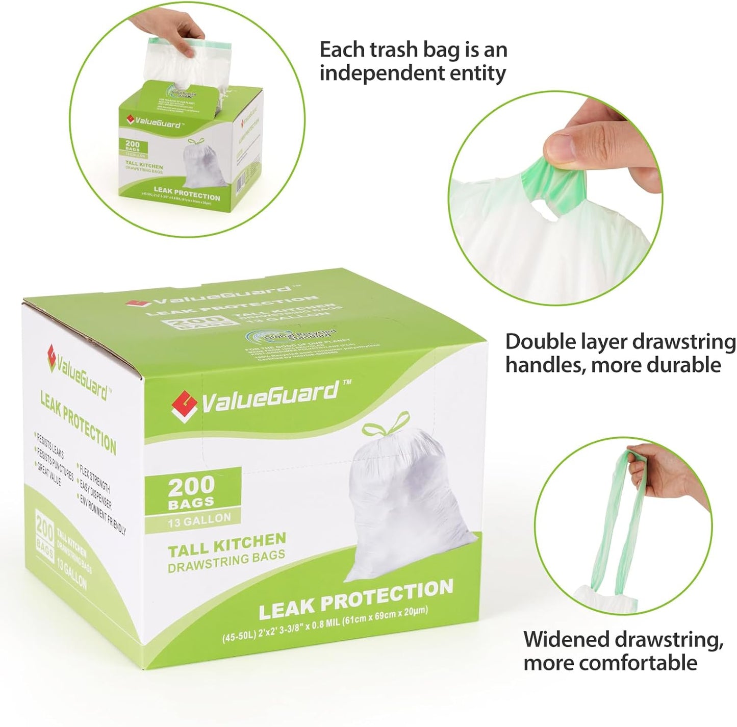 Large Trash Bag 13 Gallon Tall Drawstring 100% Post-Consumer Recycled Garbage Bag Waste Bag for