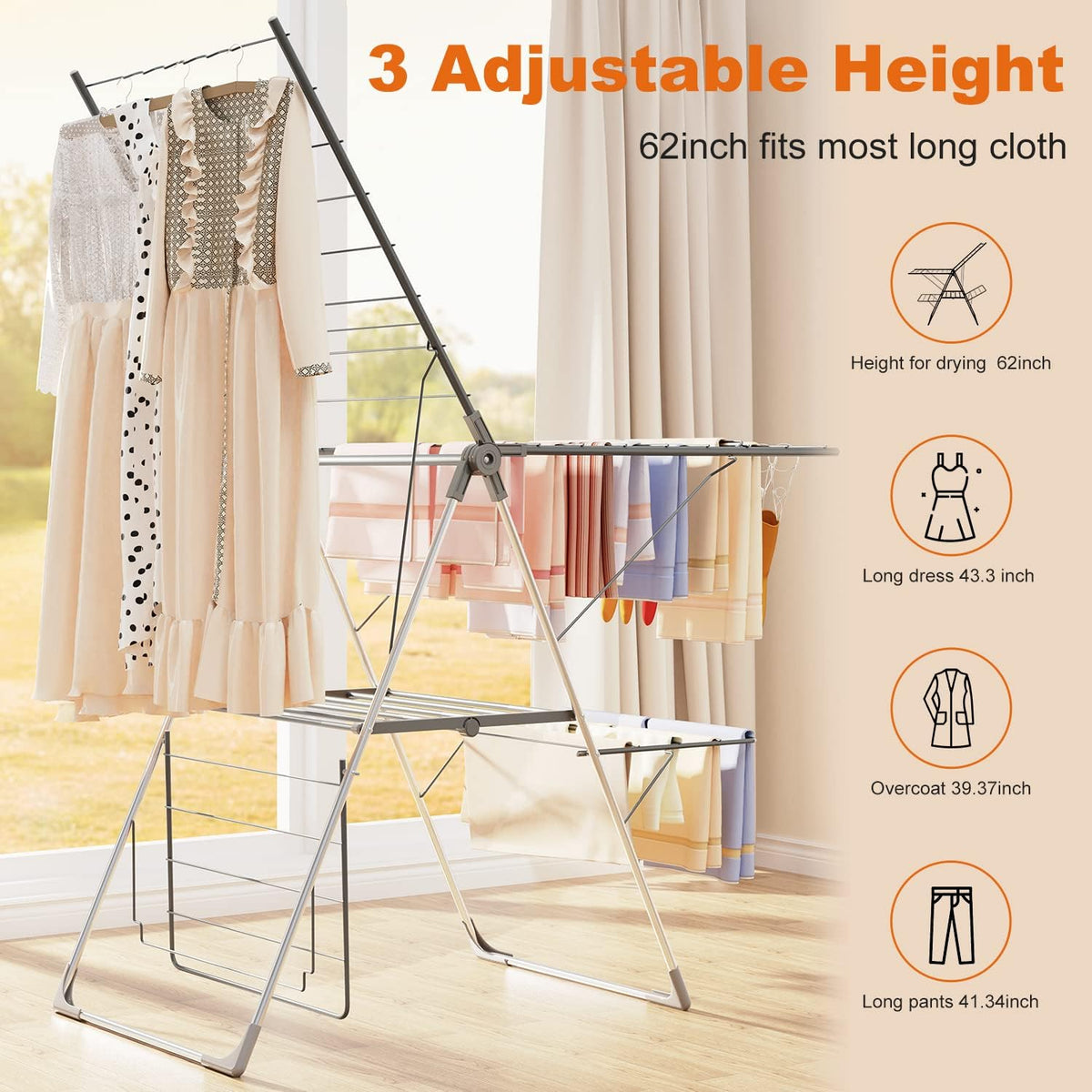 Bigzzia Clothes Drying Rack Foldable, 2-Level Large Laundry Drying Rack Collapsible, Stainless