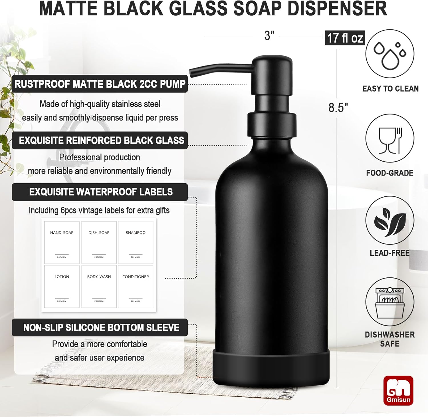 GMISUN Black Soap Dispenser with Silicone Sleeve Boot, 2 Pack Glass Bathroom Hand Soap Dispensers