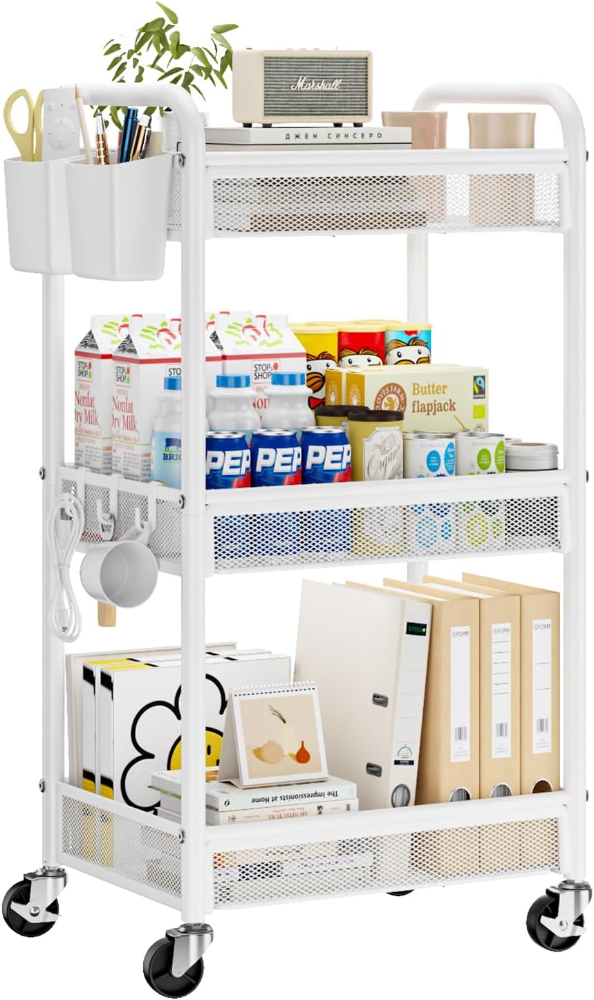YASONIC 3 Tier Rolling Cart – Metal Utility Storage Cart with Wheels, Craft Carts Organizer with