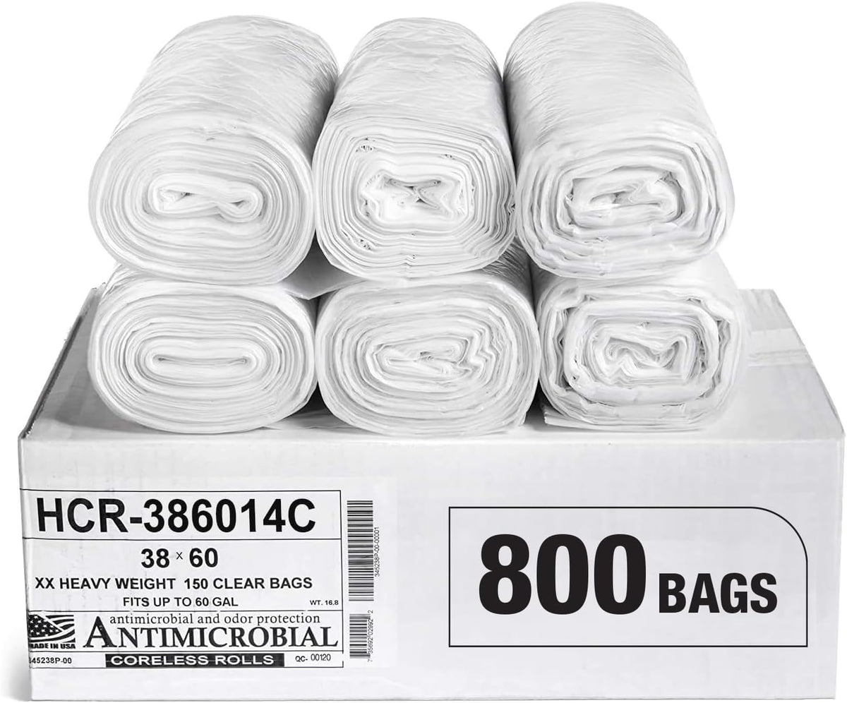 Aluf Plastics High Density Trash Bags, 60 Gallon, 800 Count, 14 Micron (eq), 38" x 60", Clear, for