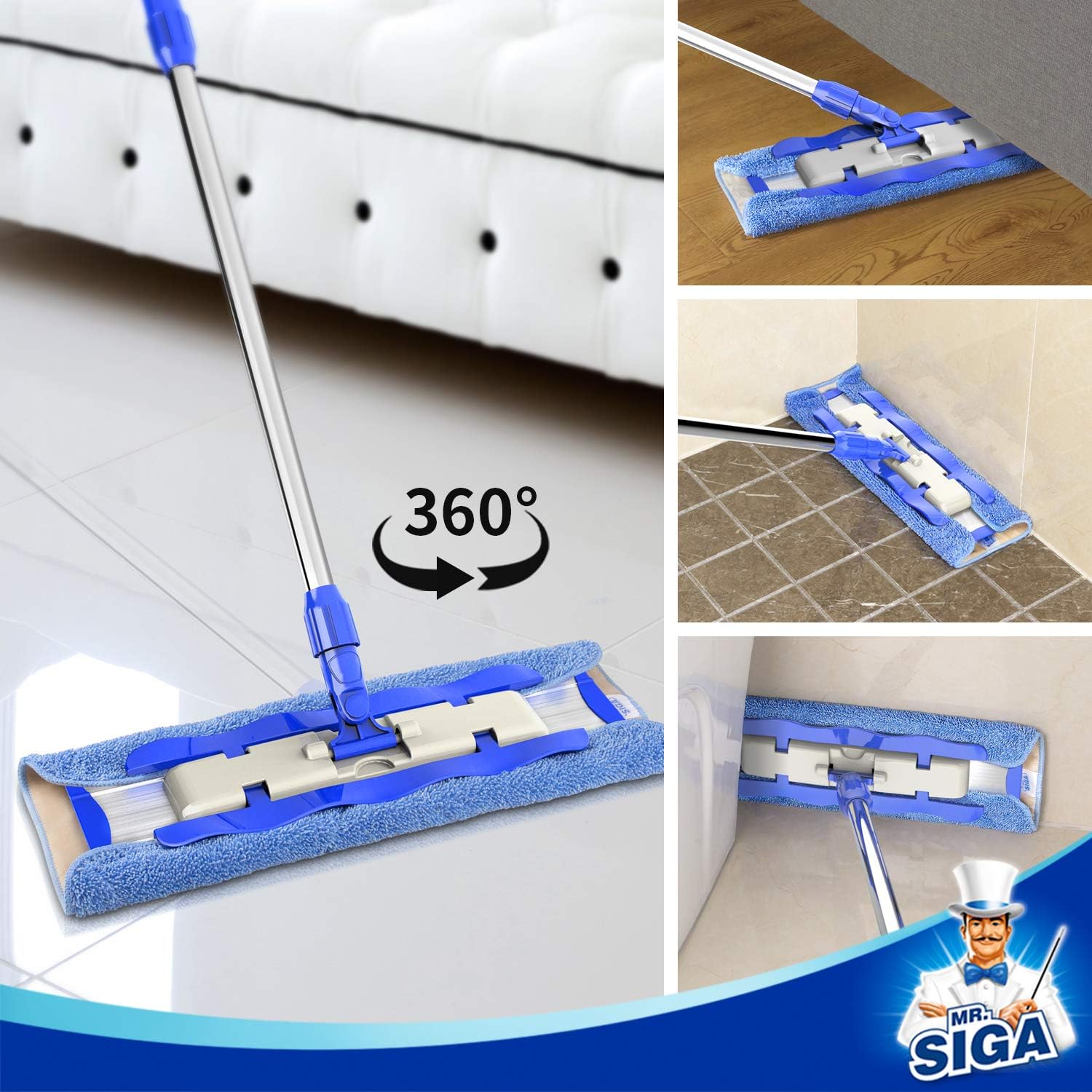 MR.SIGA Professional Microfiber Mop for Hardwood, Laminate, Tile Floor Cleaning, Stainless Steel