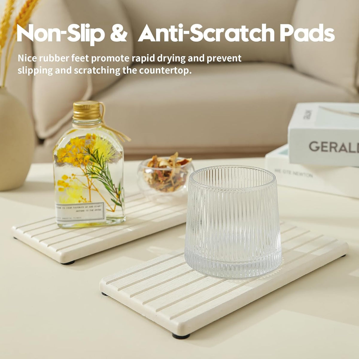 2 Pack Greige Bathroom Sink Vanity Trays, Diatomite Stone Kitchen Counter Caddy Dish Soap Dispenser