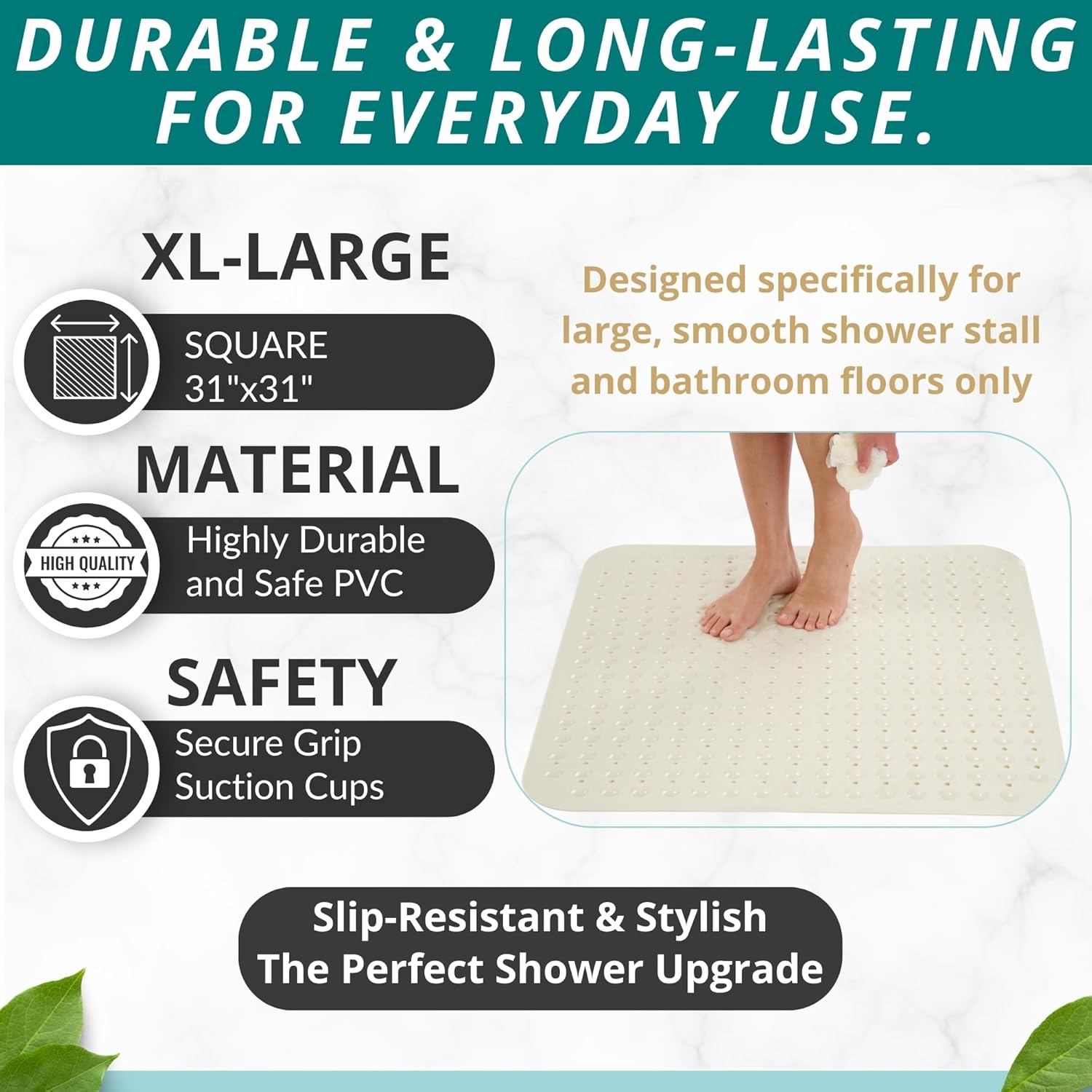 ENKOSI Extra Large Square Non Slip Shower Mat - 31 x 31-inch XL Bathroom Shower Mat - Square Shower