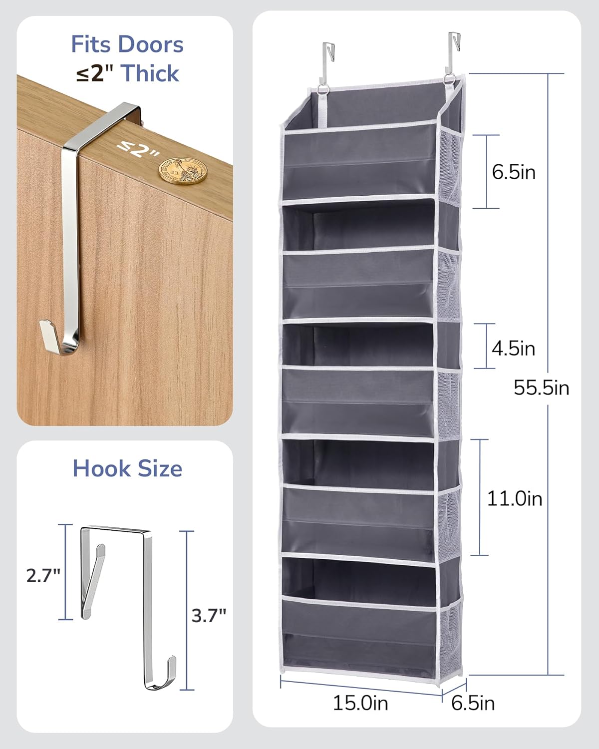 ULG 1 Pack Over Door Organizer with 5 Large Pockets 10 Mesh Side Pockets, 44 lbs Weight Capacity