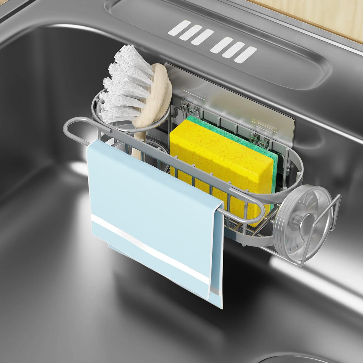 Cisily Grey Kitchen Sink Caddy Sponge Holder in the Sink, Stainless Steel Kitchen Organizer, Brush