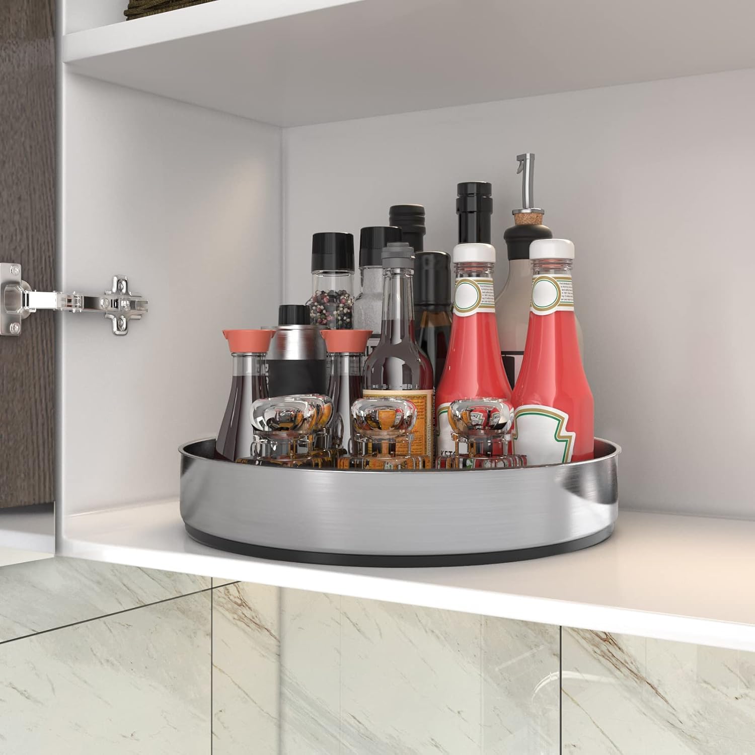 VAEHOLD Pantry Cabinet Lazy Susan Stainless Steel Black Spice Rack Turntable - Decorative Trays