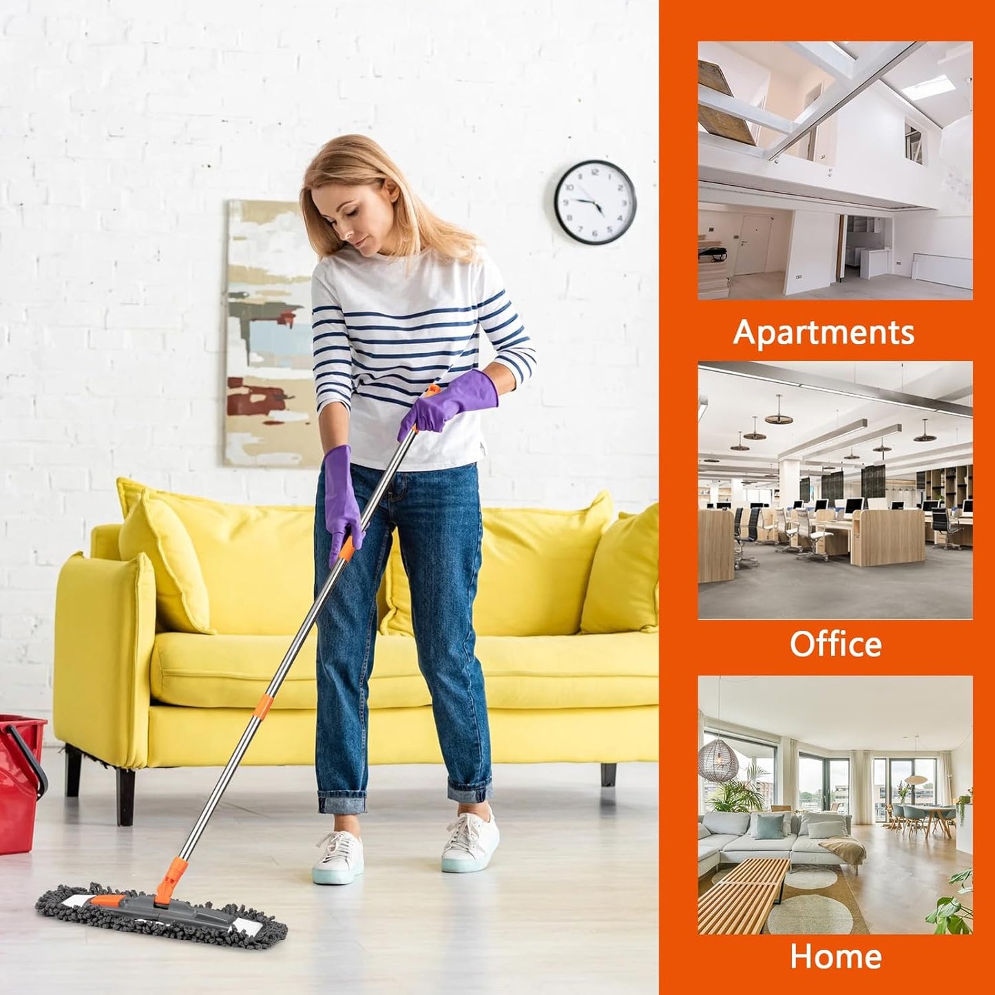 Dust Mop for Floor Cleaning with 3 Washable Pads (Chenille, Terry Cloth, Microfiber) and 55” Long