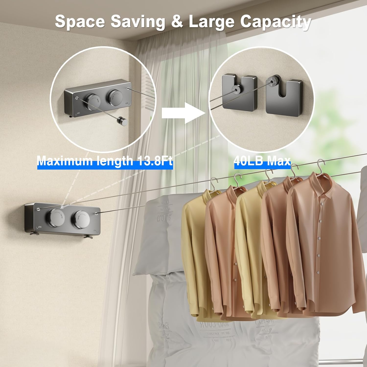 Retractable Twin Clothesline Indoor, Non-Sagging Outdoor Clothes Line Retracting Heavy Duty Clothes