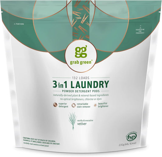 Grab Green 3-in-1 Laundry Detergent Pods, 132 Count, Vetiver Scent, Plant and Mineral Based