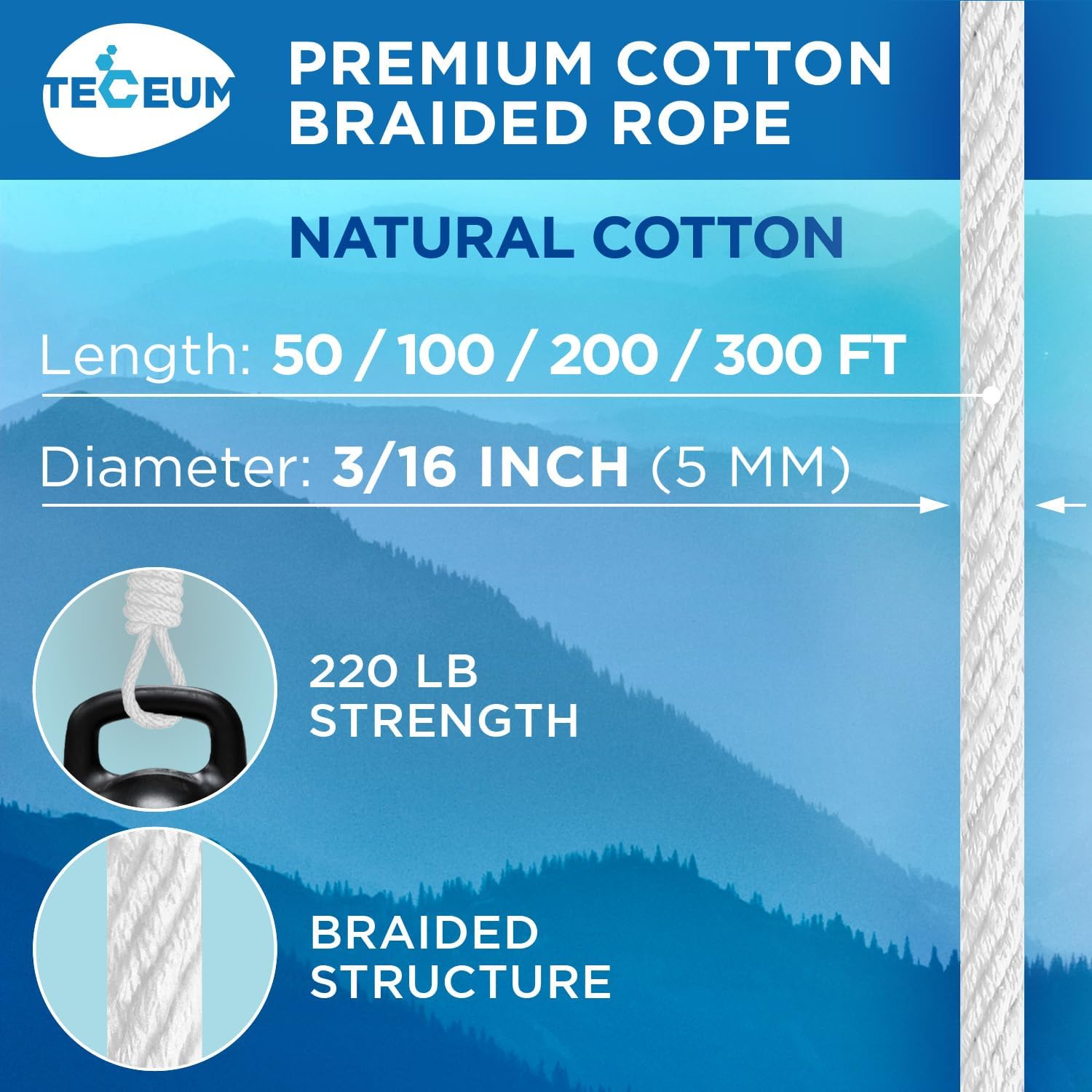 TECEUM Cotton Rope 3/16” (5 mm) – 200 FT – Strong All-Purpose Braided Rope – Natural Cotton – for