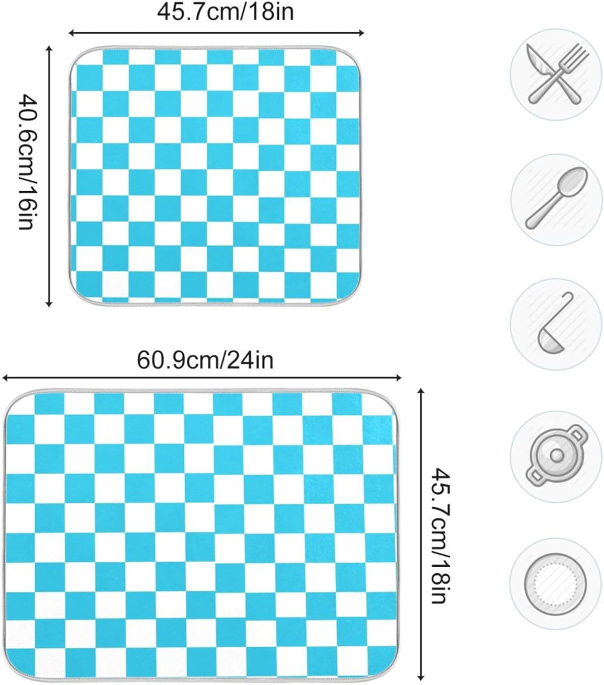 Turquoise Chessboard Dish Drying Mat for Kitchen Countertop 18x24 Teal Plaid Checkered Rectangle