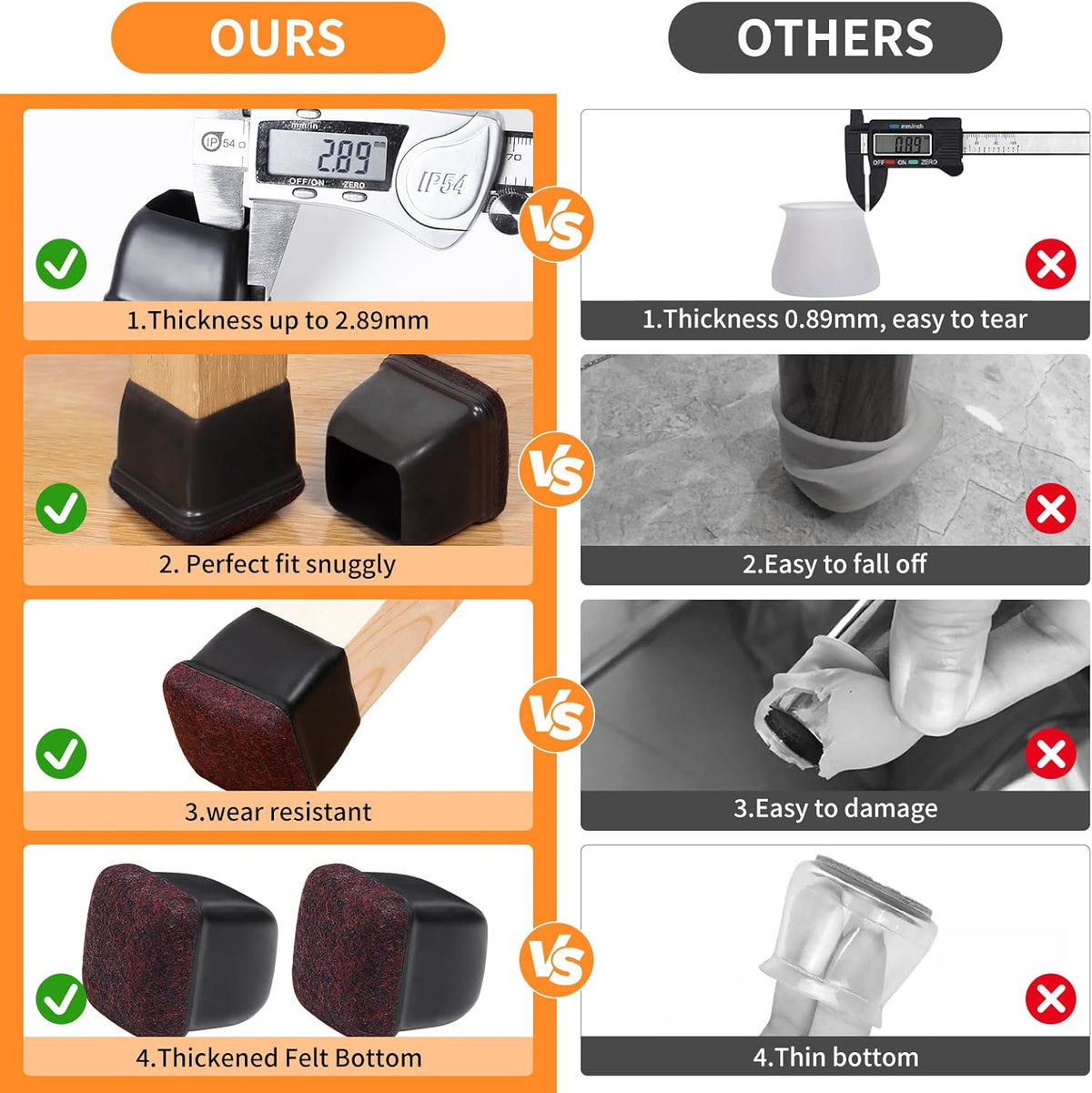 Ezprotekt 8 Pcs Extra Large Square Chair Leg Floor Protectors, Silicone Felt Furniture Pads for