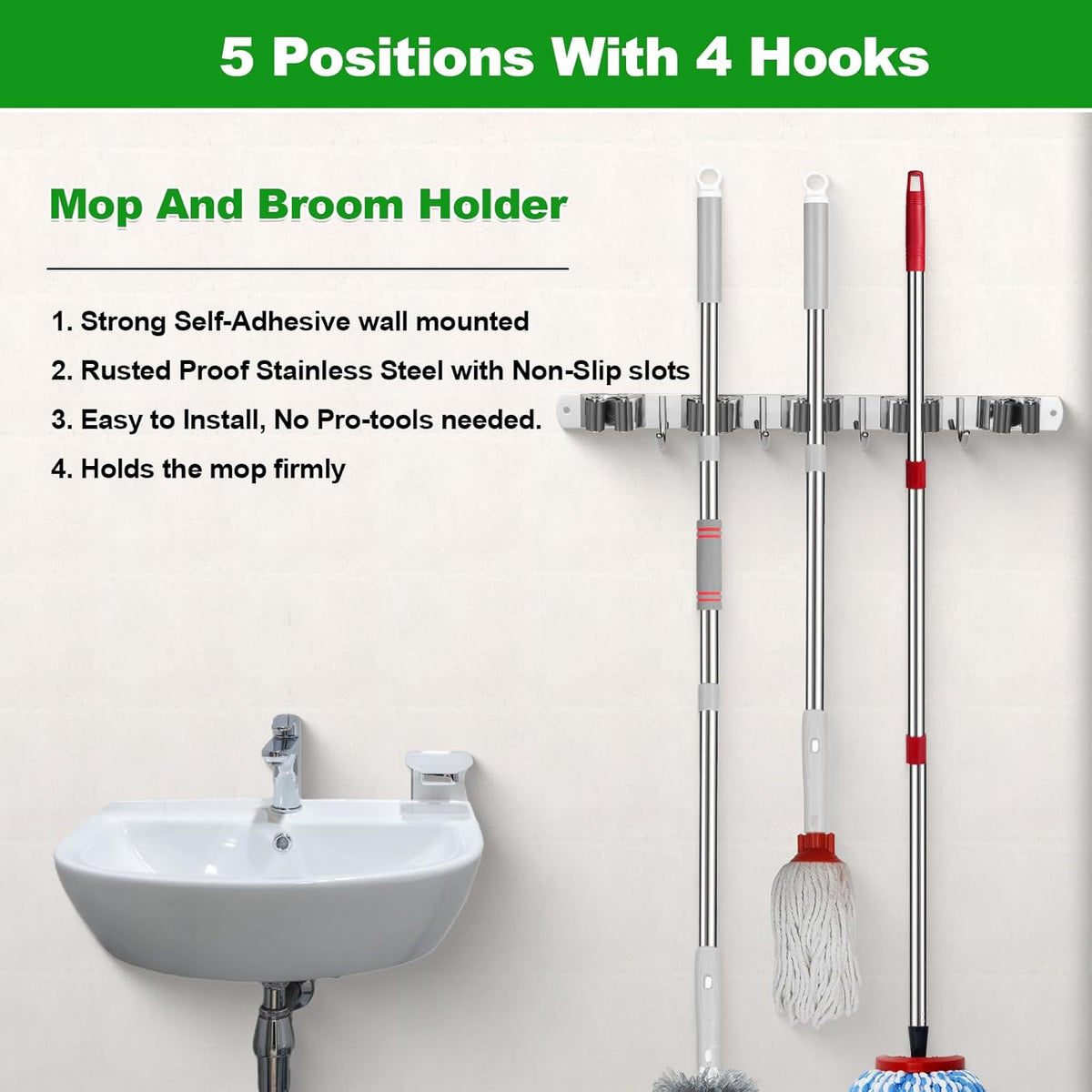 voze [2 Pack] 5 Racks and 4 Hooks Mop and Broom Holder Wall Mount, Self Adhesive Heavy Duty Broom