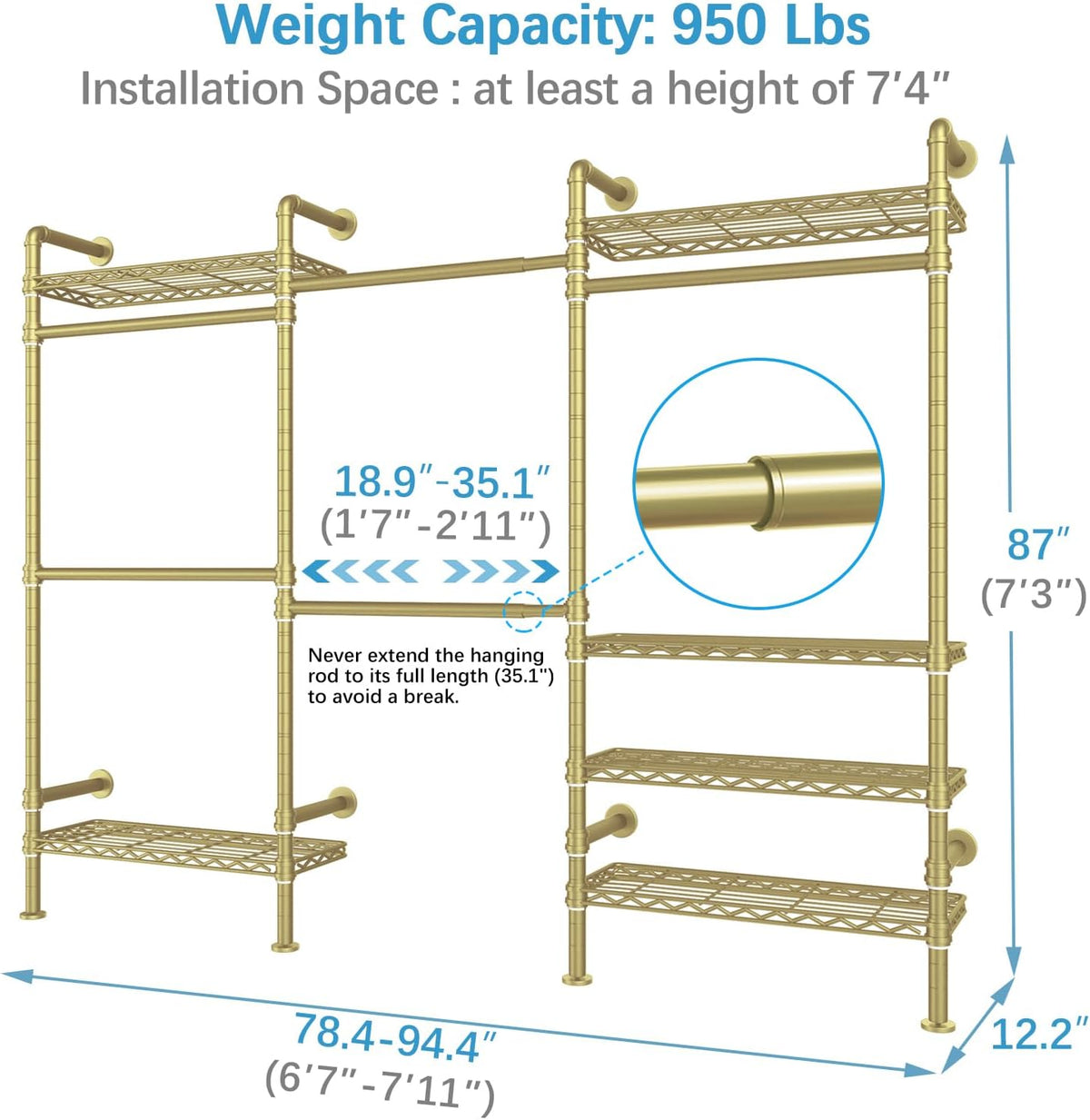 Timate F3 Garment Rack Heavy Duty Clothes Rack for Hanging Clothes, Expandable Industrial Pipe Wall