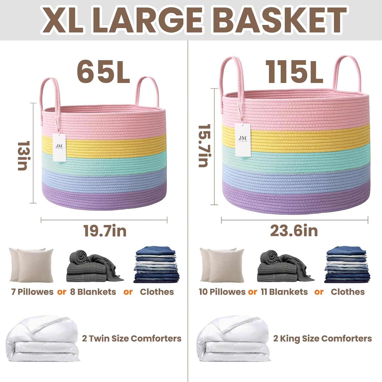 Woven Blanket Basket,65L Large Rope Storage Bin with Handles, Organizer for Blankets Toys Book and