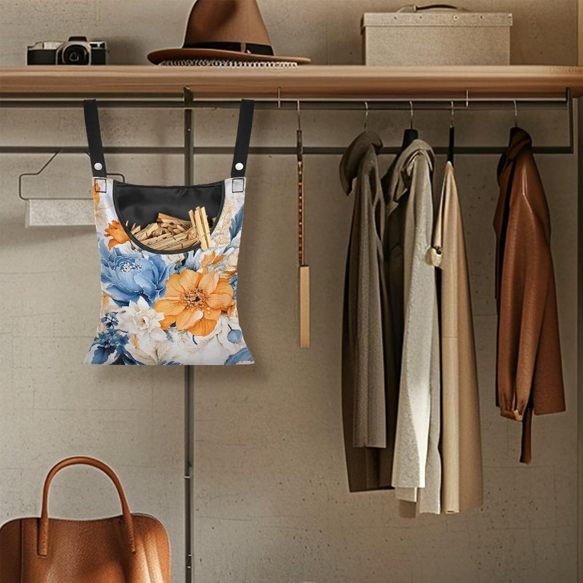 Art Flowers Clothespin Bag with Hanging Hook Summer Laundry Clothes Pin Holders Waterproof Clothes