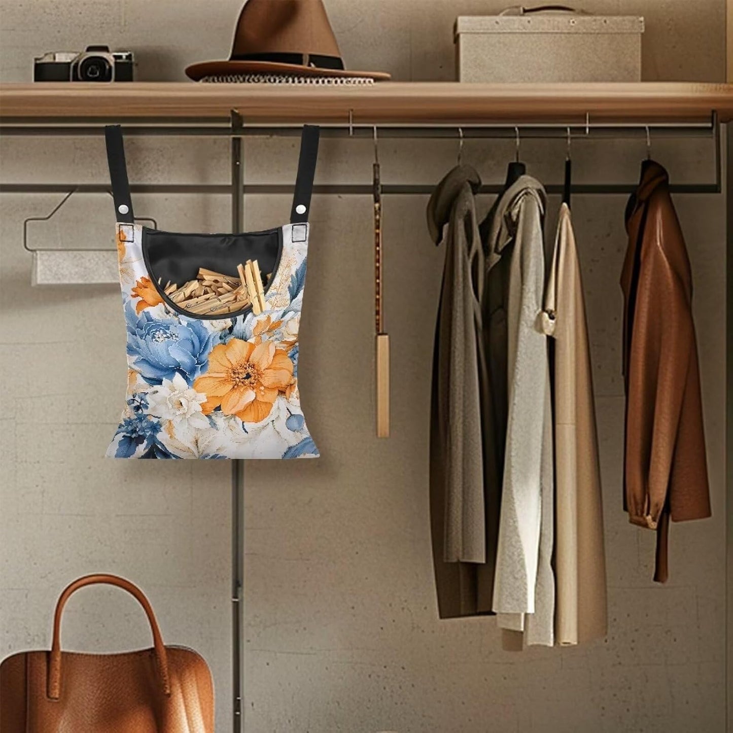 Art Flowers Clothespin Bag with Hanging Hook Summer Laundry Clothes Pin Holders Waterproof Clothes