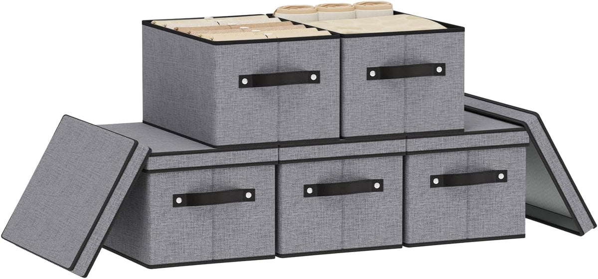 Fabric Storage Boxes, 7.1 x 9.1 x 13 Inch Baskets for Shelves with Lids, Wardrobe Organiser with
