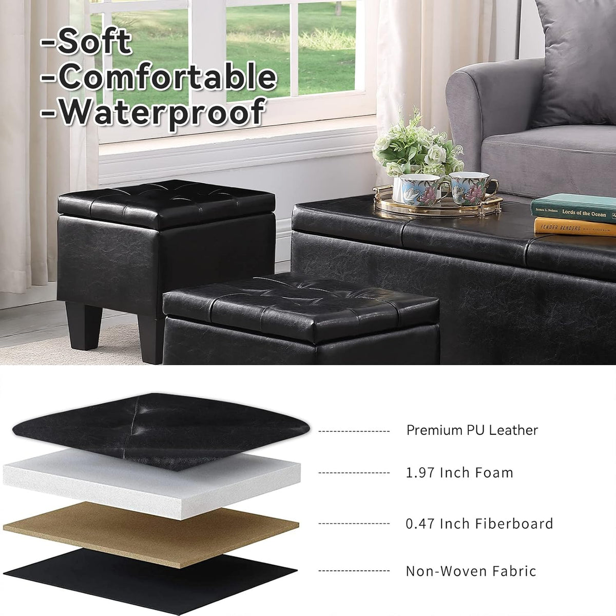 Storage Ottoman Set of 3, 38'' Button-Tufted Coffee Table Bench with 2pcs Nesting Foot Stools, for