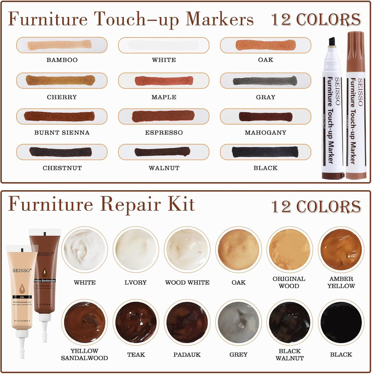 SEISSO Wood Furniture Repair Kit, Wood Filler and Touch Up Markers, Set of 28 Laminate Vinyl Floor