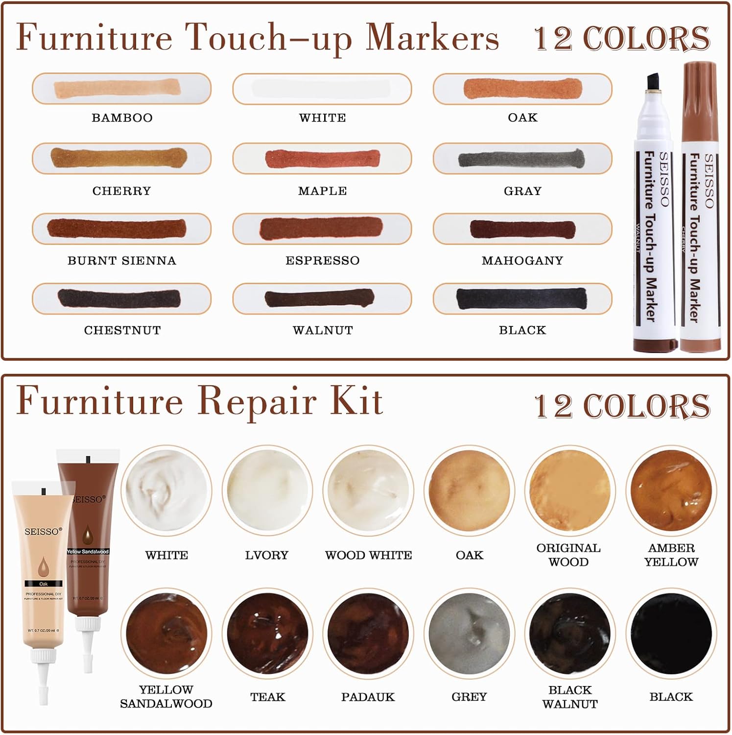 SEISSO Wood Furniture Repair Kit, Wood Filler and Touch Up Markers, Set of 28 Laminate Vinyl Floor