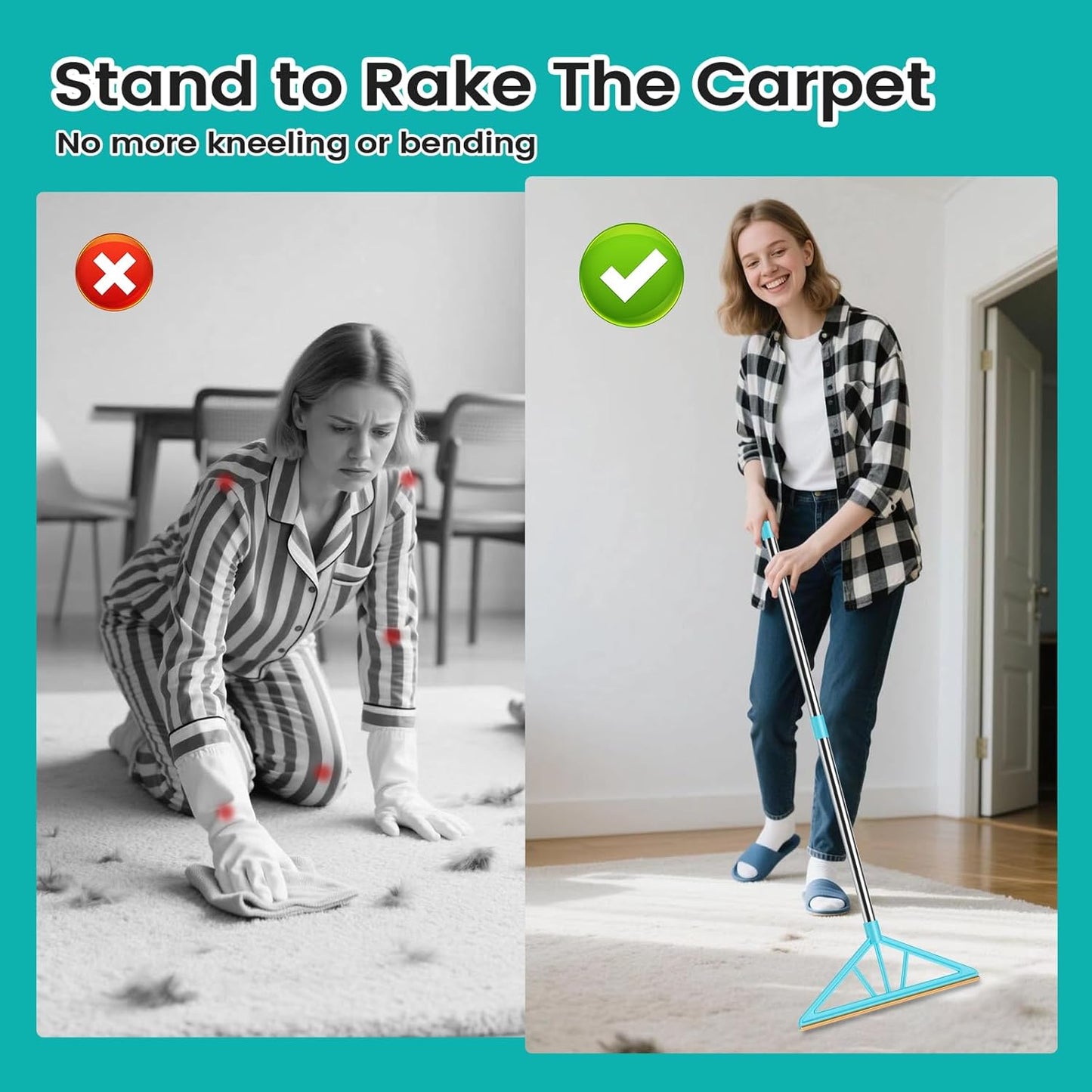 Carpet Rake for Pet Hair Removal,Reusable Pet Hair Remover, 55”Adjustable Long Handle Carpet Rake