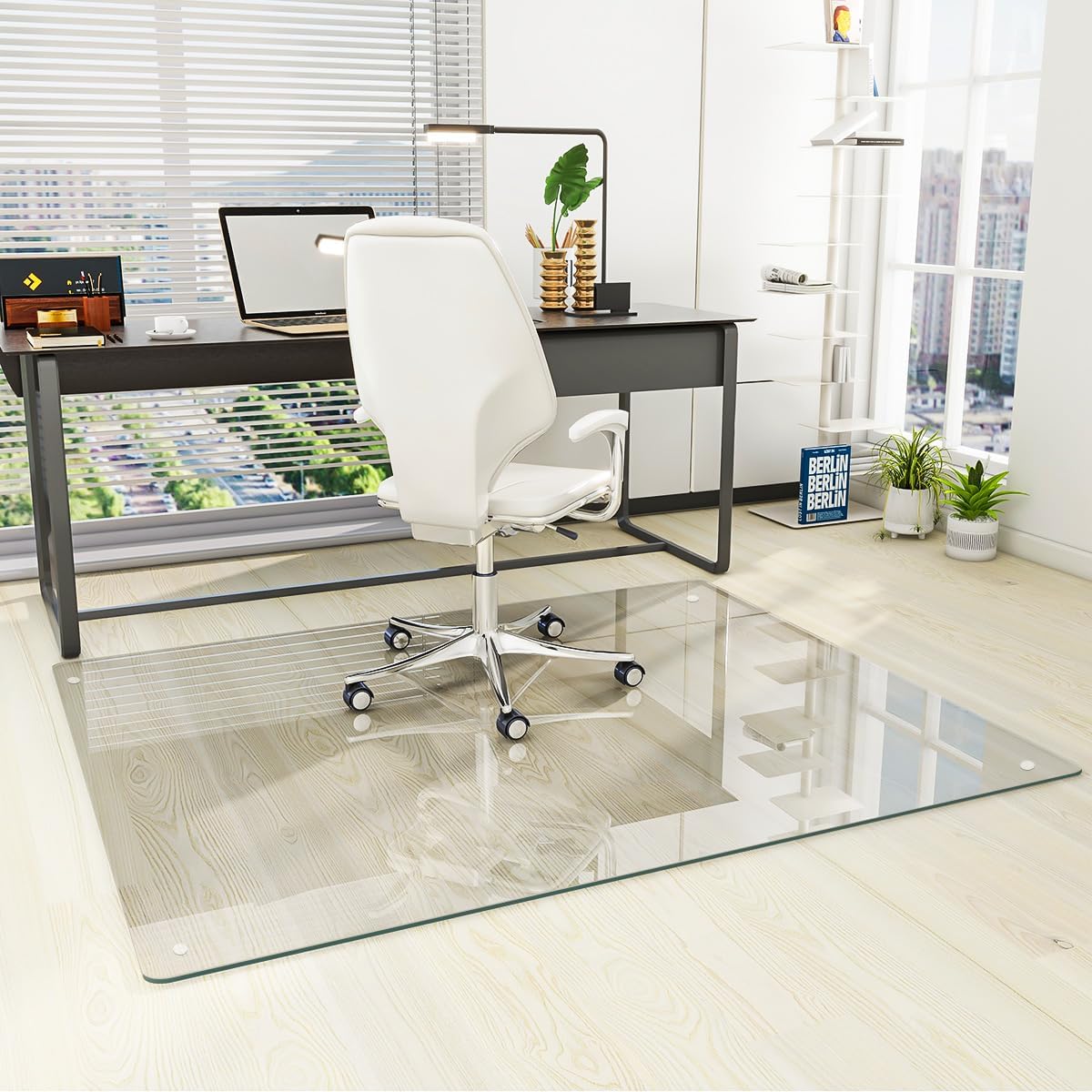 [Tempered Glass] 46" x 55" Glass Chair Mat, Heavy Duty Hard Floor Mat with Round Corner and