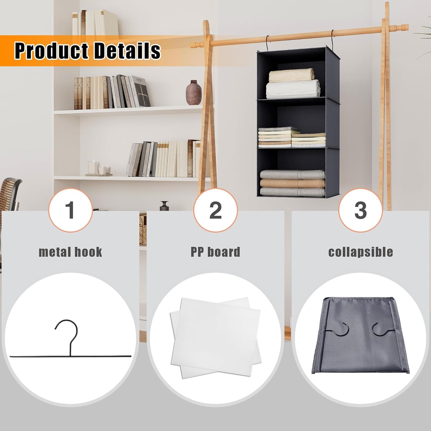 Hanging Closet Organizer and Storage 3-Shelf, Easy Mount Foldable Hanging Closet Wardrobe Storage