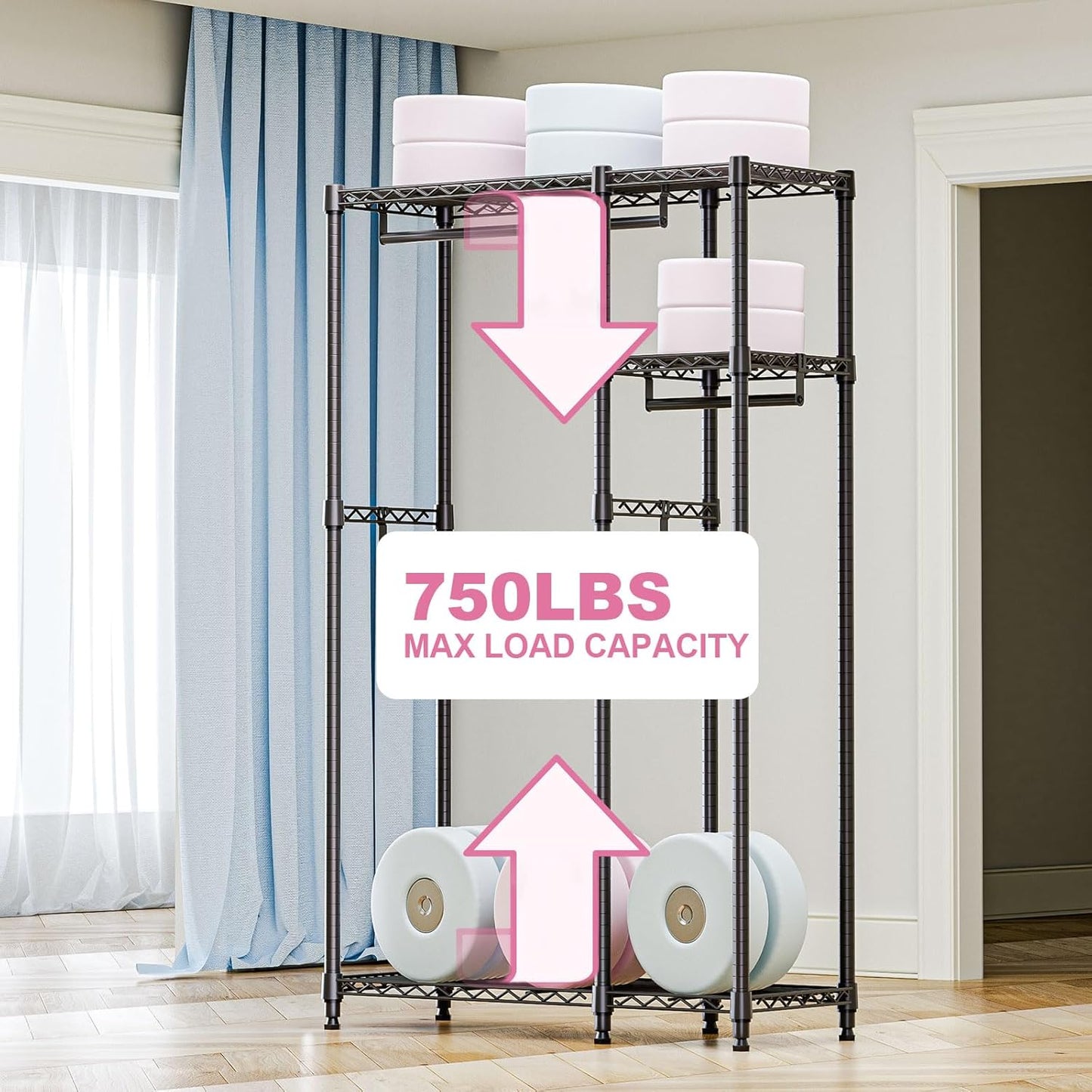 Heavy Duty Rolling Garment Rack 3 Tiers Adjustable Wire Shelving Clothes Rack with 1 Rods and Side