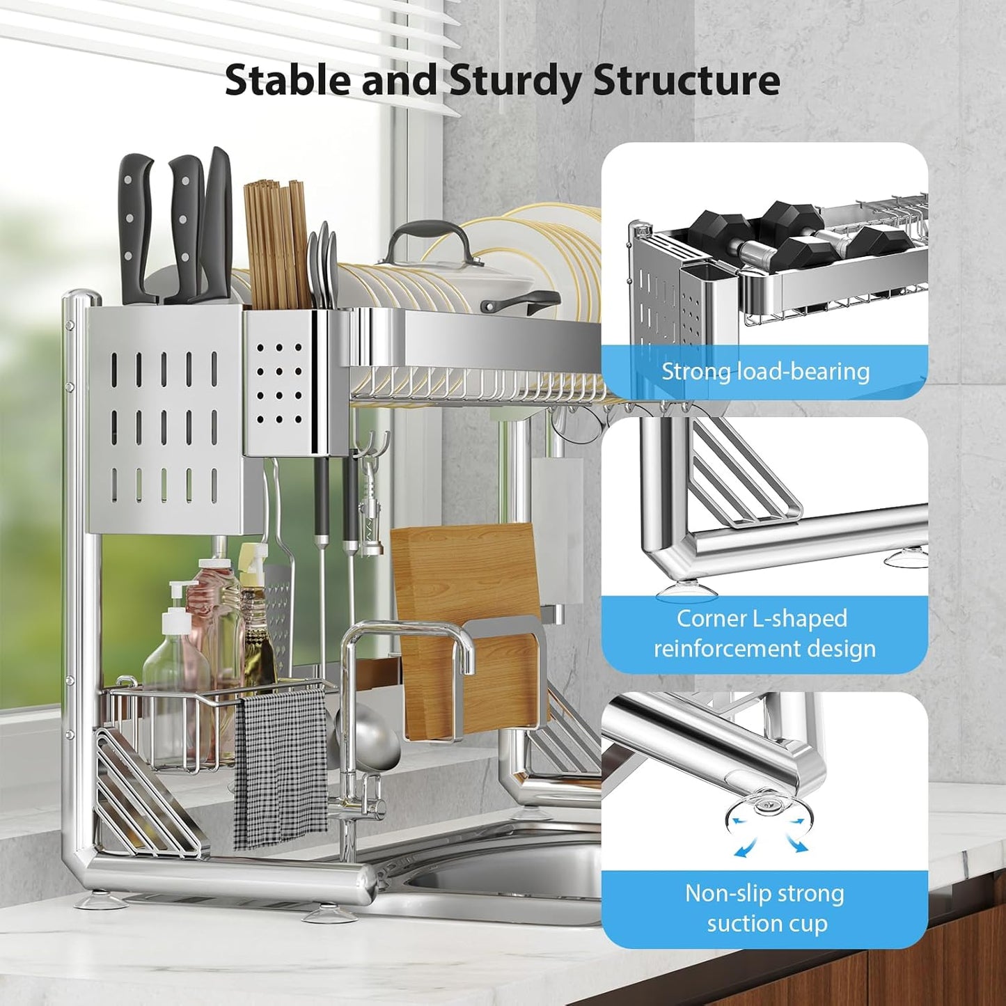Over The Sink Dish Drainer Drying Rack, 2 Tier Adjustable Width (20.87'' to 37.6'') 304 Stainless
