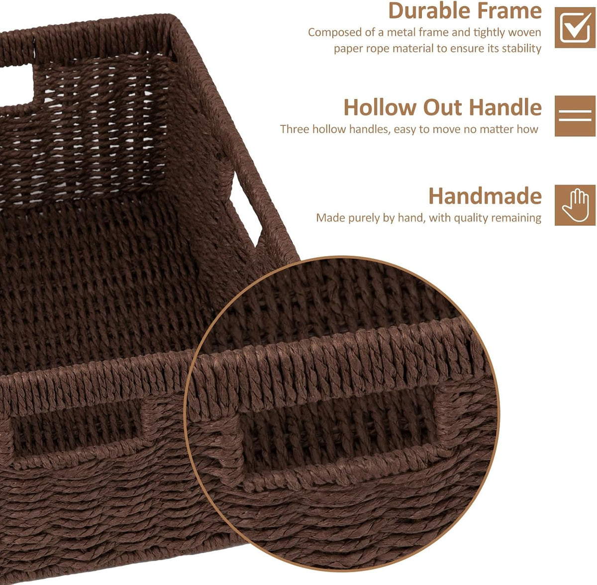 OIAHOMY Wicker Basket, Paper Shelf Basket with Built-in Handles, Rectangular Wicker Storage Bin for