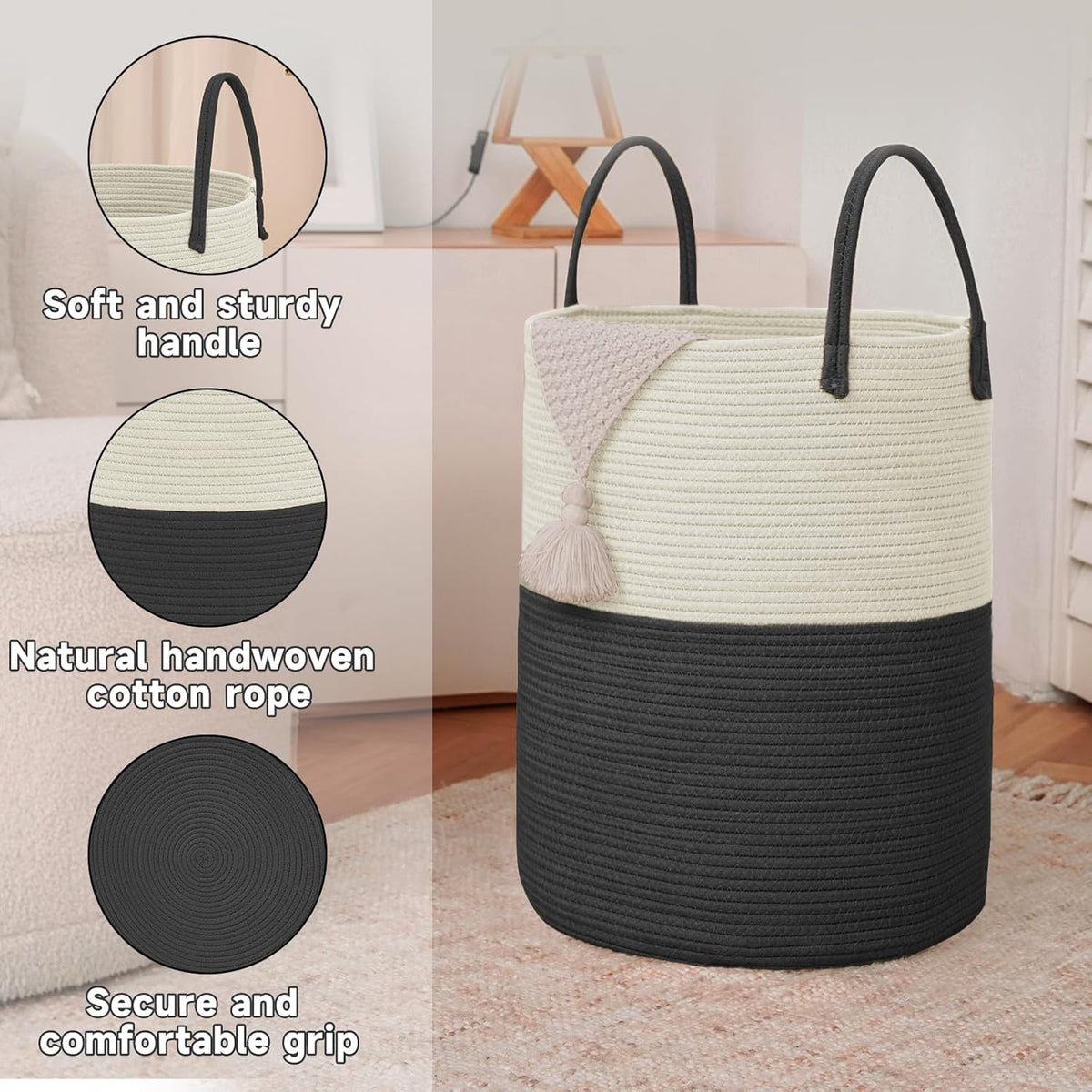 Large Woven Laundry Basket Hamper,100L Cotton Rope Storage Bin for Blankets,Toys and
