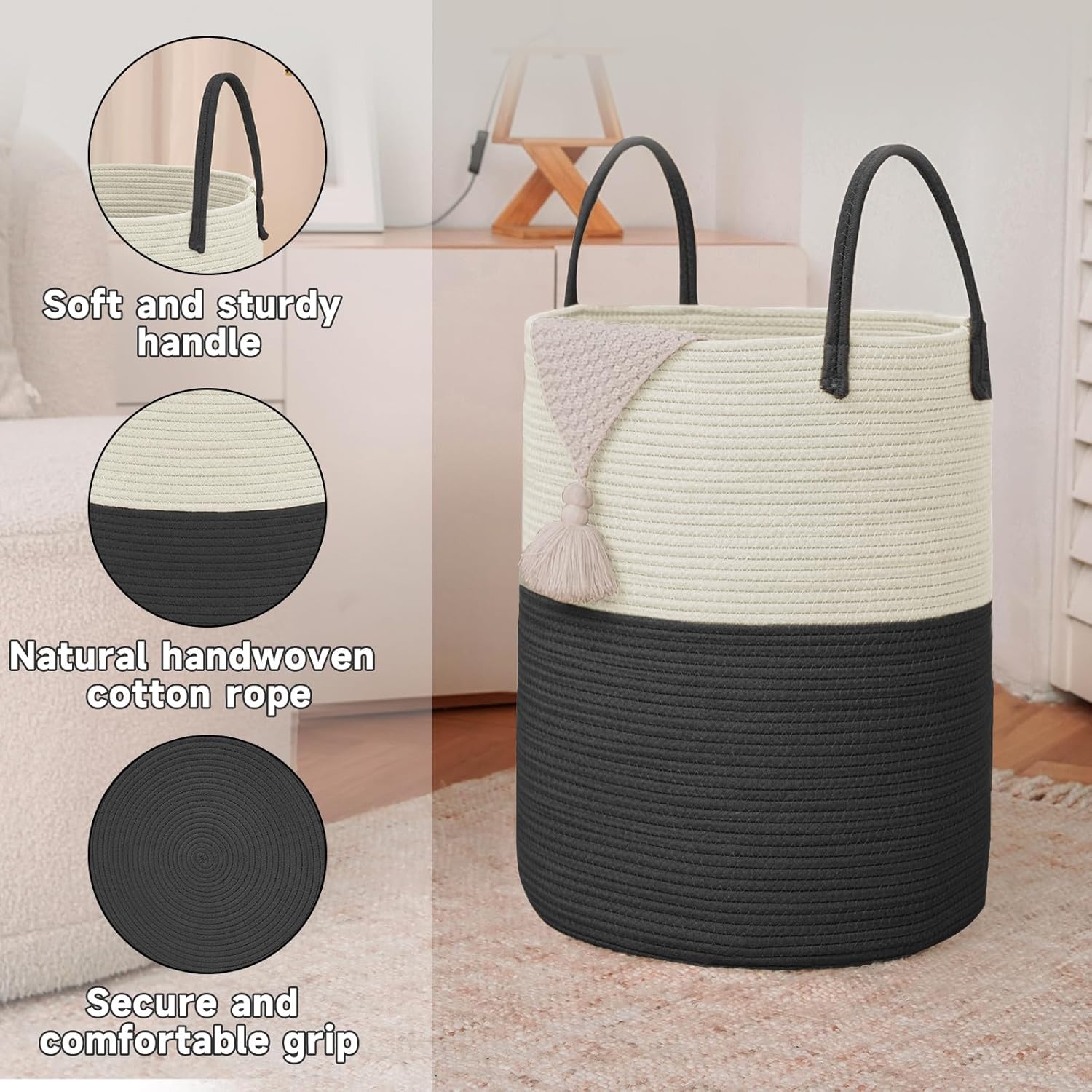 Large Woven Laundry Basket Hamper,60L Cotton Rope Storage Bin for Blankets,Toys and
