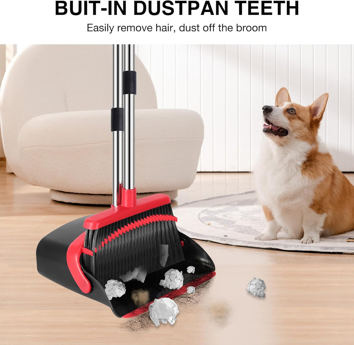 NACENA Broom and Dustpan Set, 52-in Long Adjustable Handle Broom Dustpan Combo with Dustpan Teeth