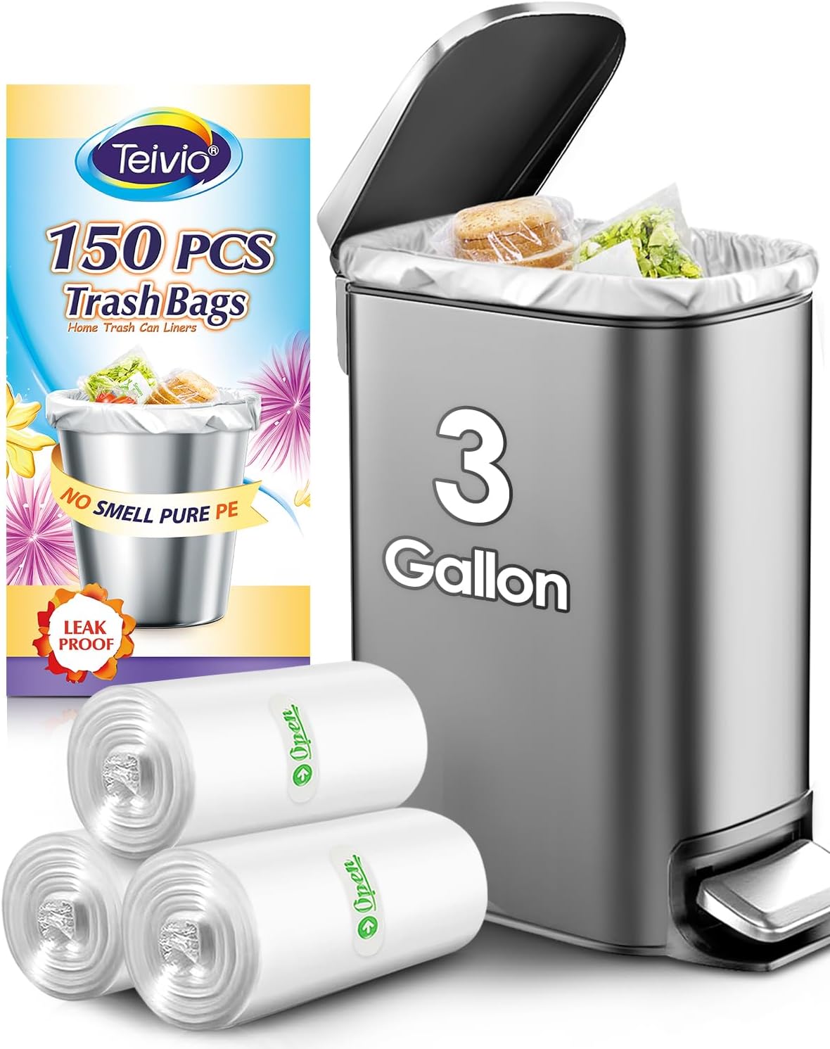 Teivio 3 Gallon 150 Counts Strong Trash Bags Garbage Bags, Bathroom Trash Can Bin Liners, Small