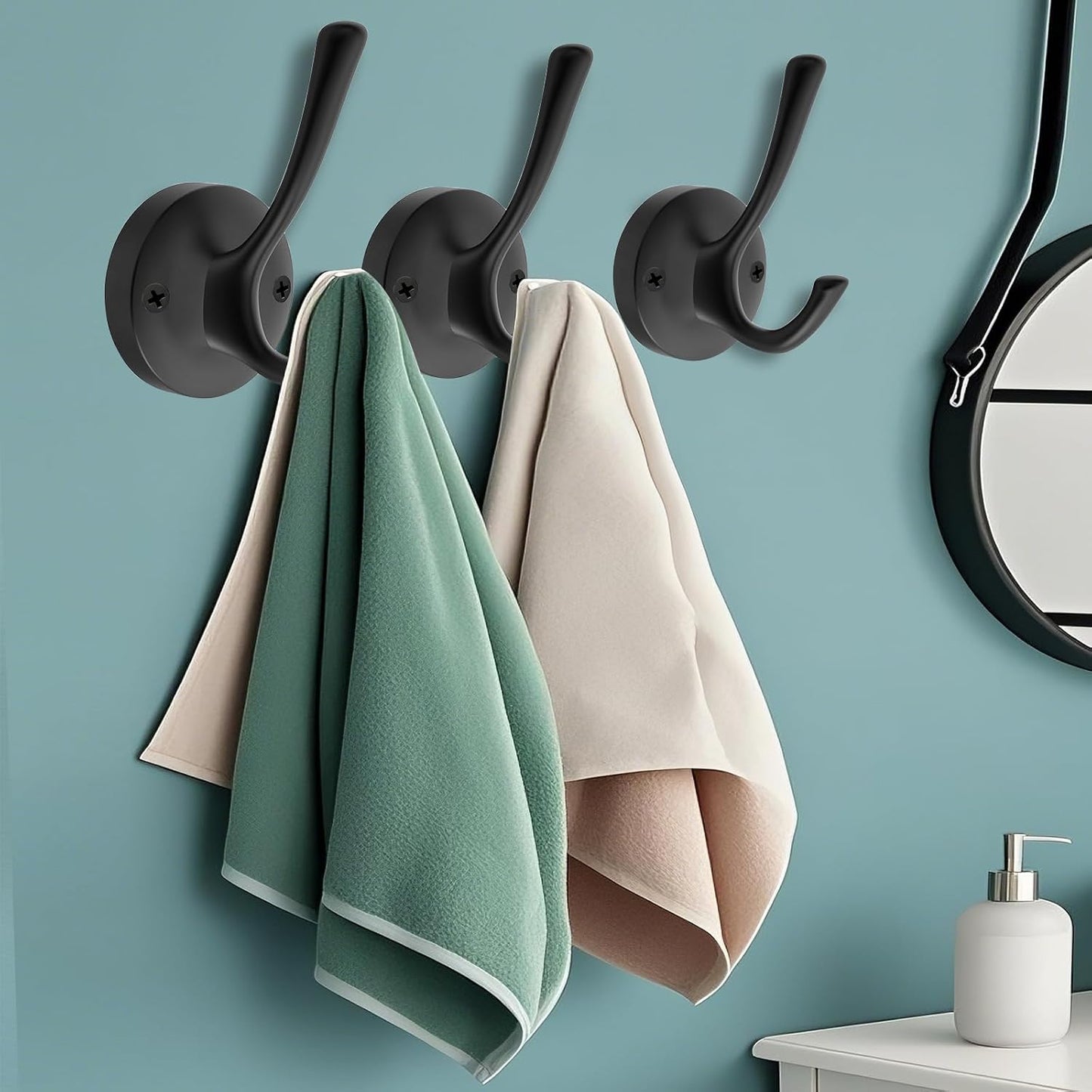 Black Wall Hooks Towel Hooks, 3 Pack Coat Hooks Robe Hook Heavy Duty Metal Double Bath Hook Wall
