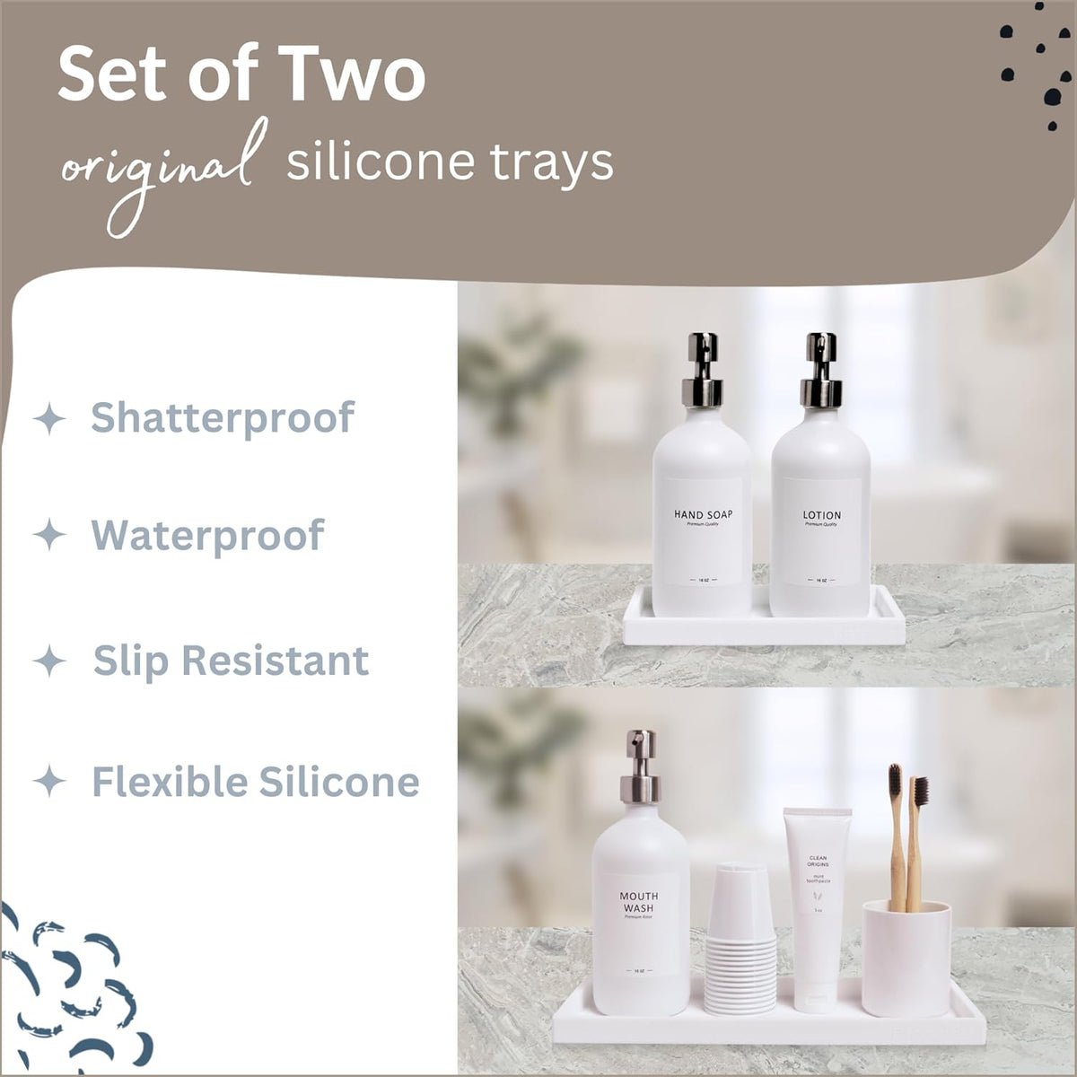 Countertop and Vanity Tray - 2 PC (11” and 7”) Shatterproof Silicone Kitchen and Bathroom Trays for