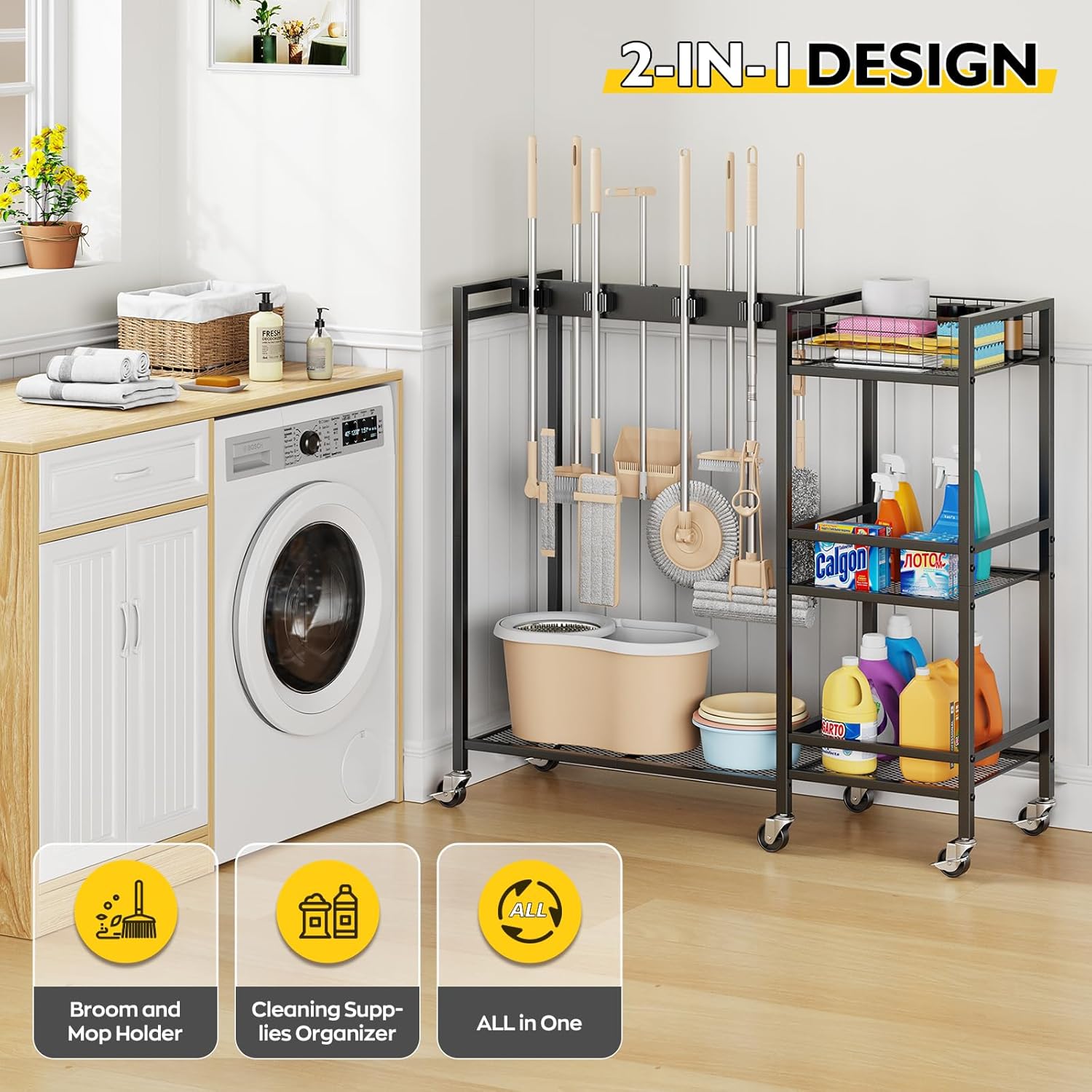 Broom Holder with Cleaning Supplies Organizer, Movable Broom Closet Storage Cabinet with Cleaning