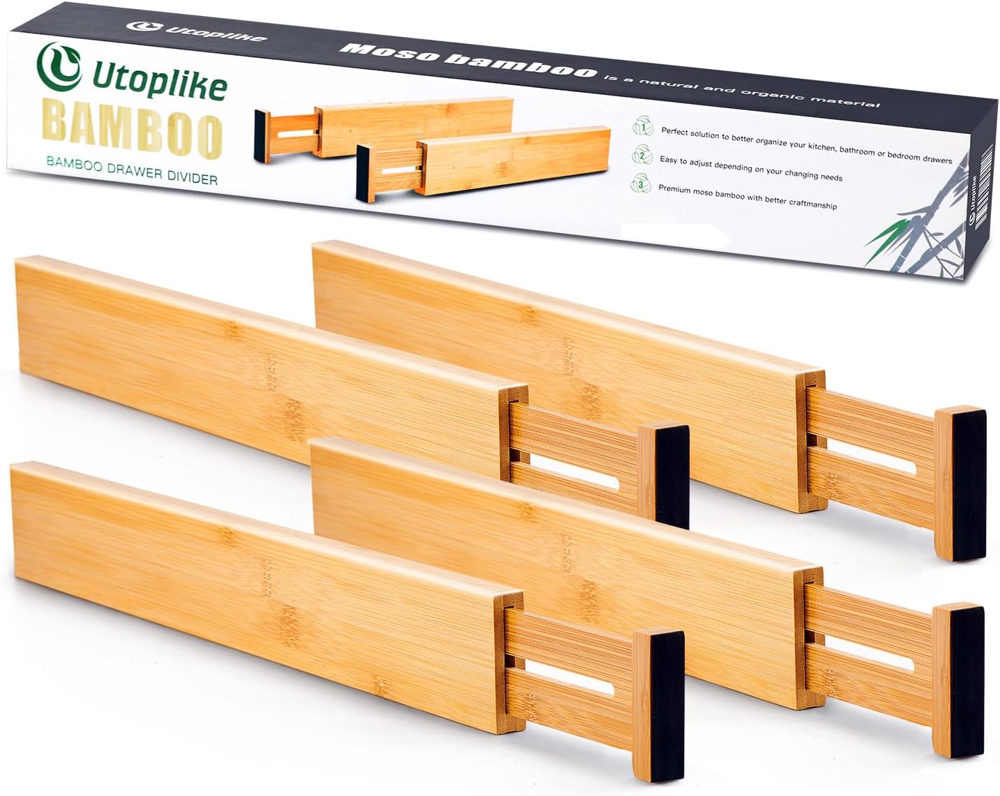 Utoplike 4 pcs Bamboo Kitchen Drawer Dividers Large, Adjustable Drawer Organizers, Spring Loaded