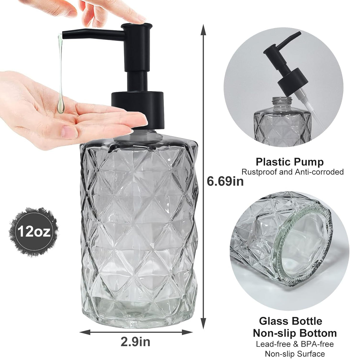 Crystal Glass Soap Dispenser, 12oz Gradient Grey Bathroom Hand Dispenser, Lotion Dispenser with