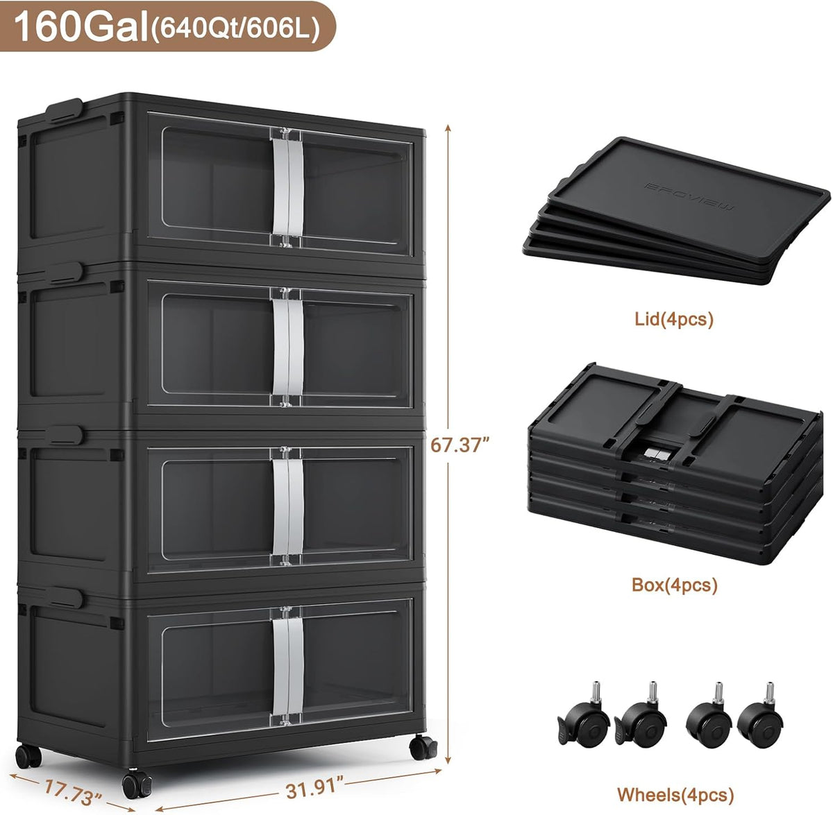 BROVIEW 640QT Stackable Storage Bins with Lids, 160Gal Extra Large Collapsible Storage Box with