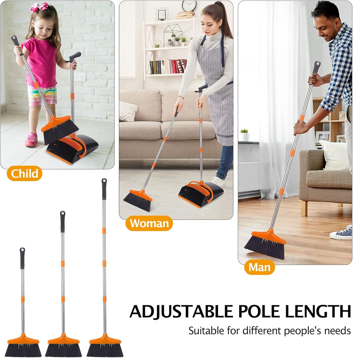 Broom and Dustpan Set with Long Handle, Light Weight Stainless Steel Poles Stand Upright Dustpans