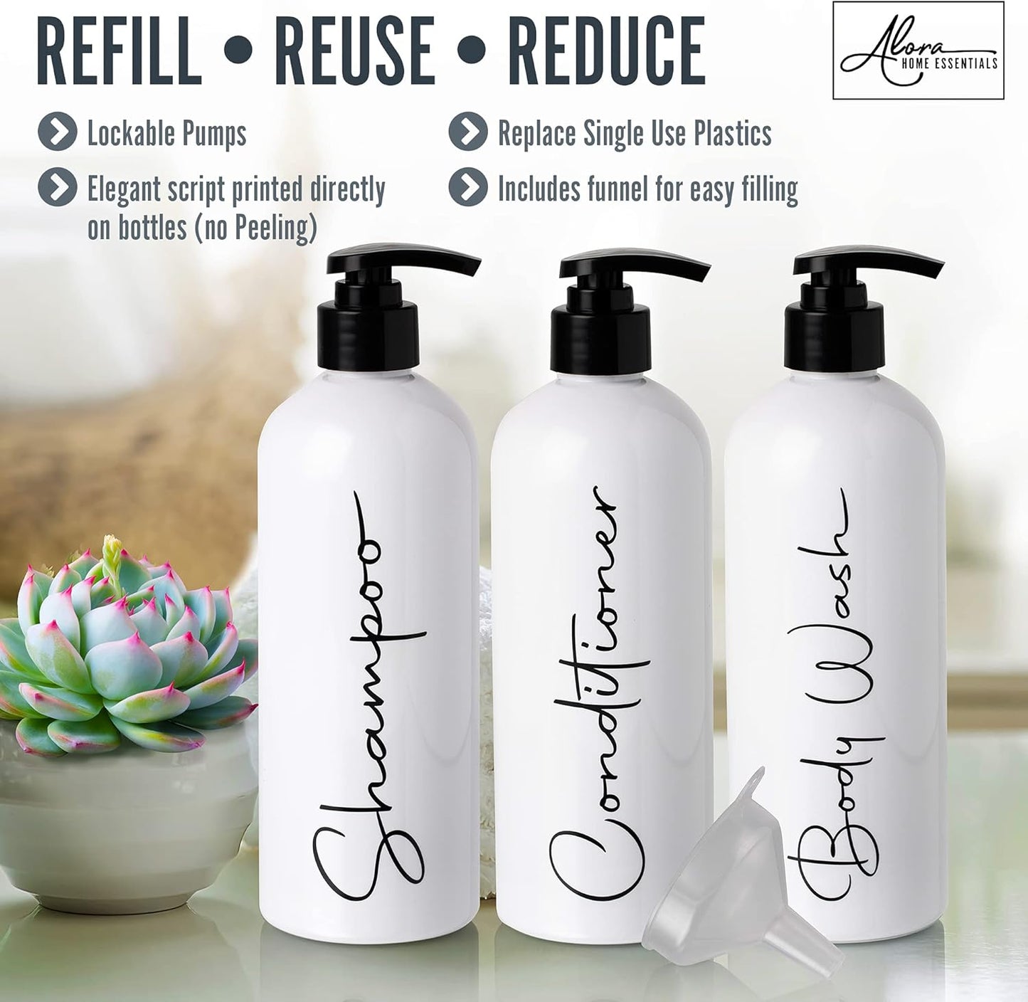 Alora 16oz Refillable Shampoo and Conditioner Dispenser Bottles - Set of 3 - Pump Bottle Dispenser