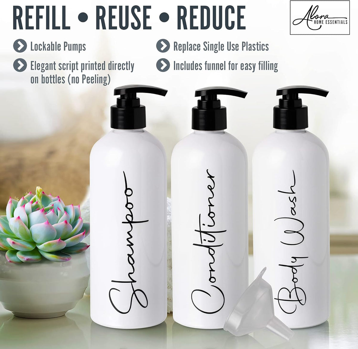 Alora 16oz Refillable Shampoo and Conditioner Dispenser Bottles - Set of 3 - Pump Bottle Dispenser