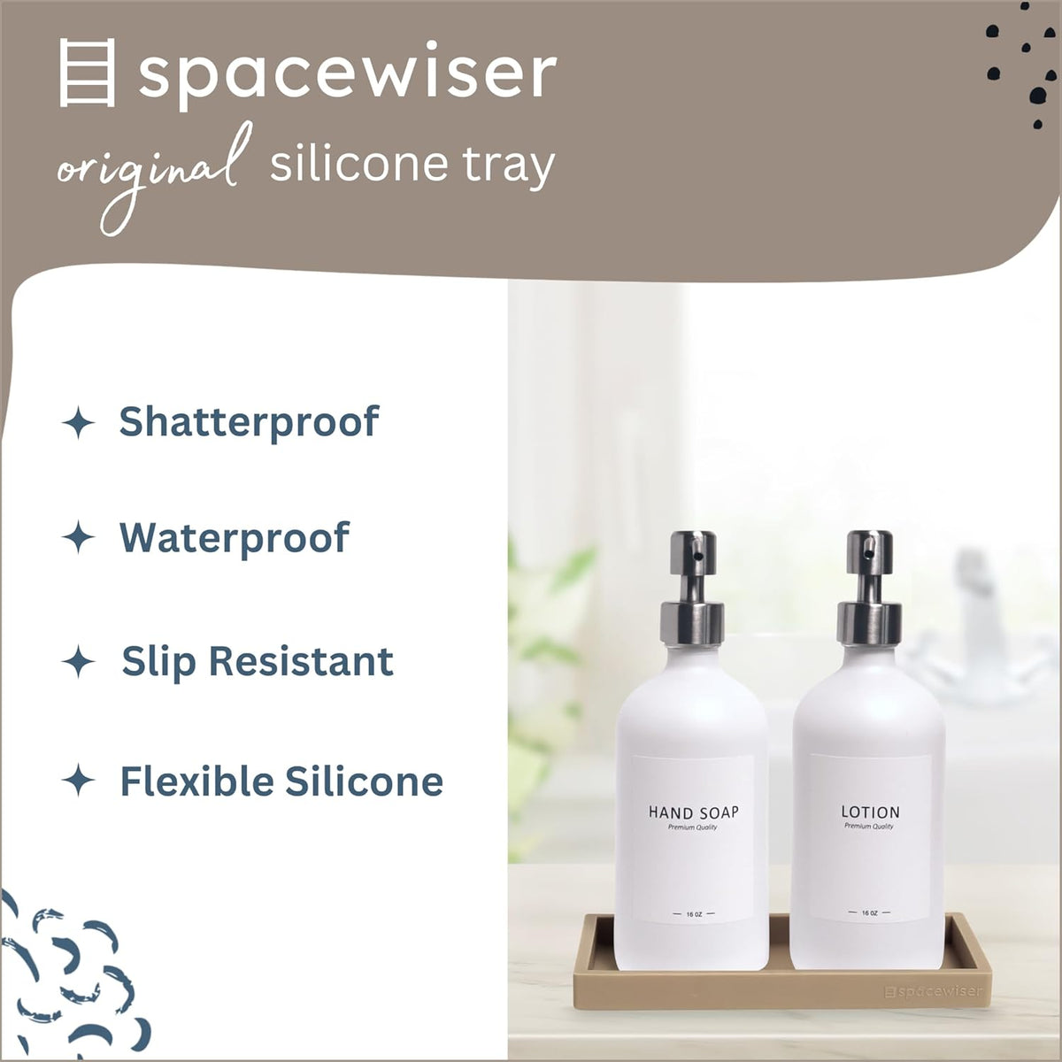 Countertop and Vanity Tray - Small 7.7” Silicone Tray for Soap Dispenser Bottles, Bathroom Trays