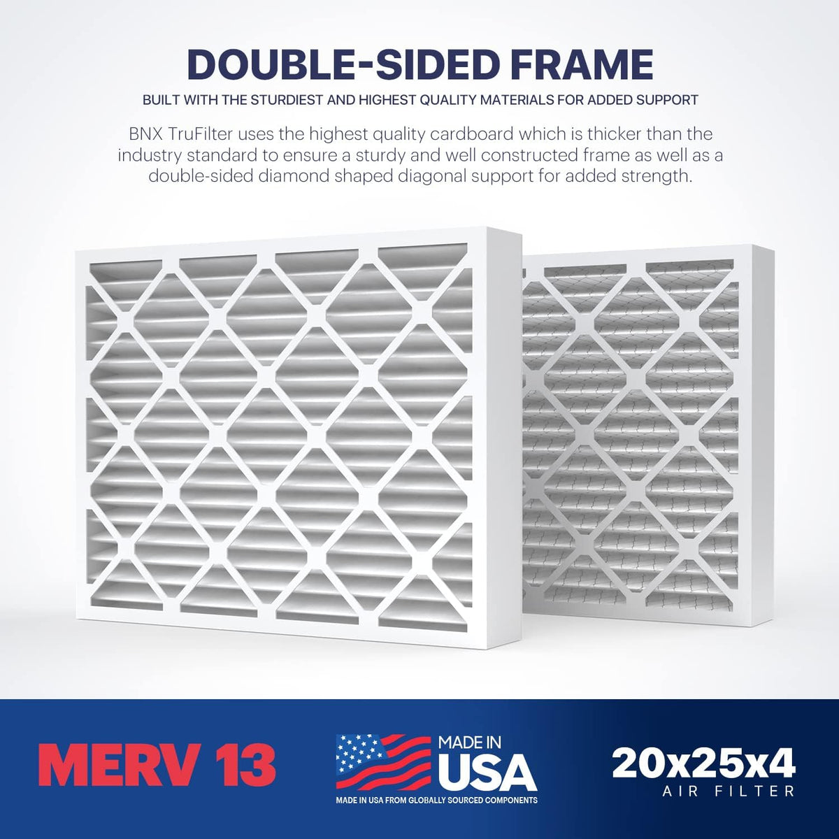 BNX TruFilter 16x25x4 (15.5’’ x 24.5’’ x 3.63‘’ Slim Fit) MERV 13 Air Filter (2-Pack) - MADE IN USA