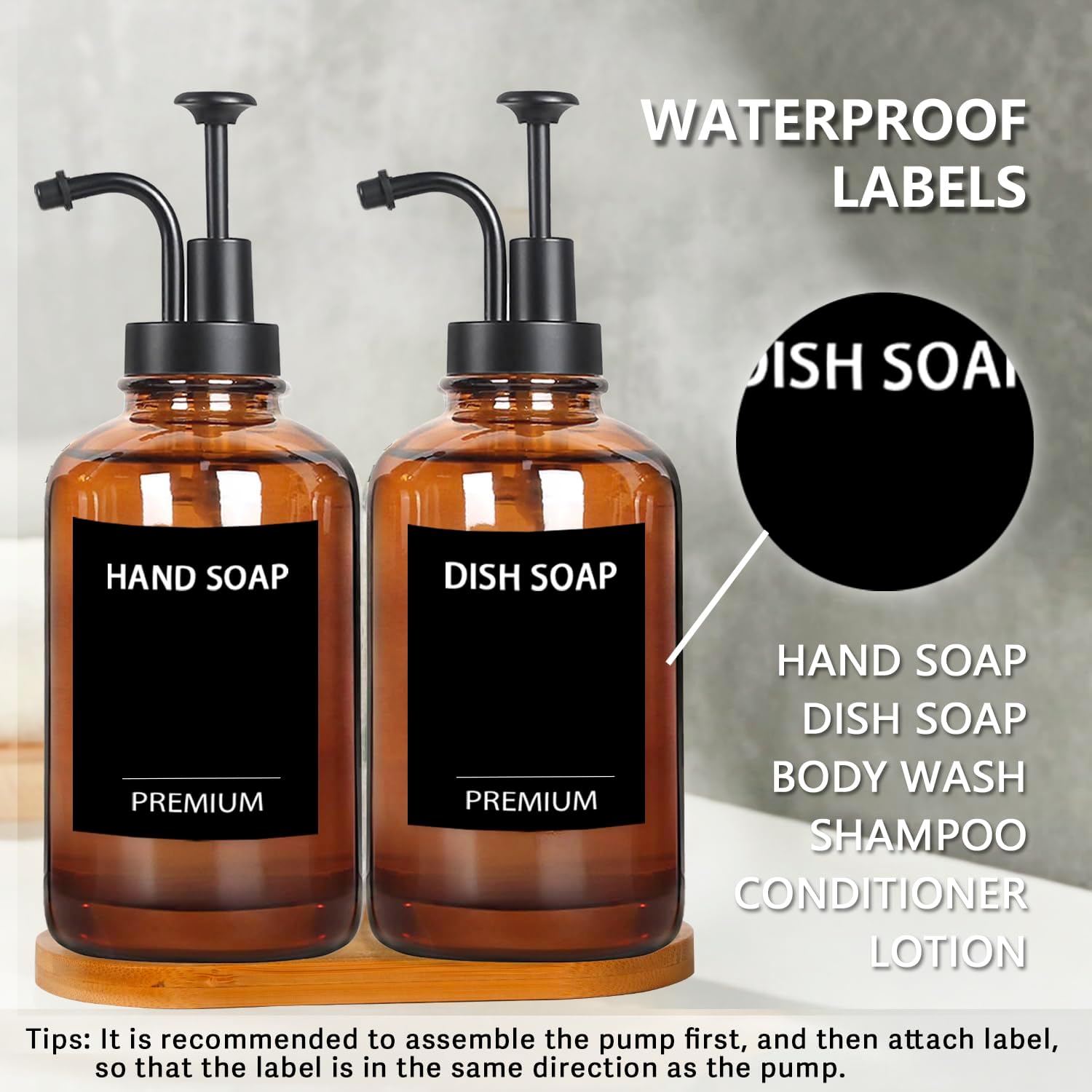 Amber 18 Oz Dish Soap Dispenser for Kitchen, Ultra-Thick Glass Soap Dispenser Set with Tray, Pump