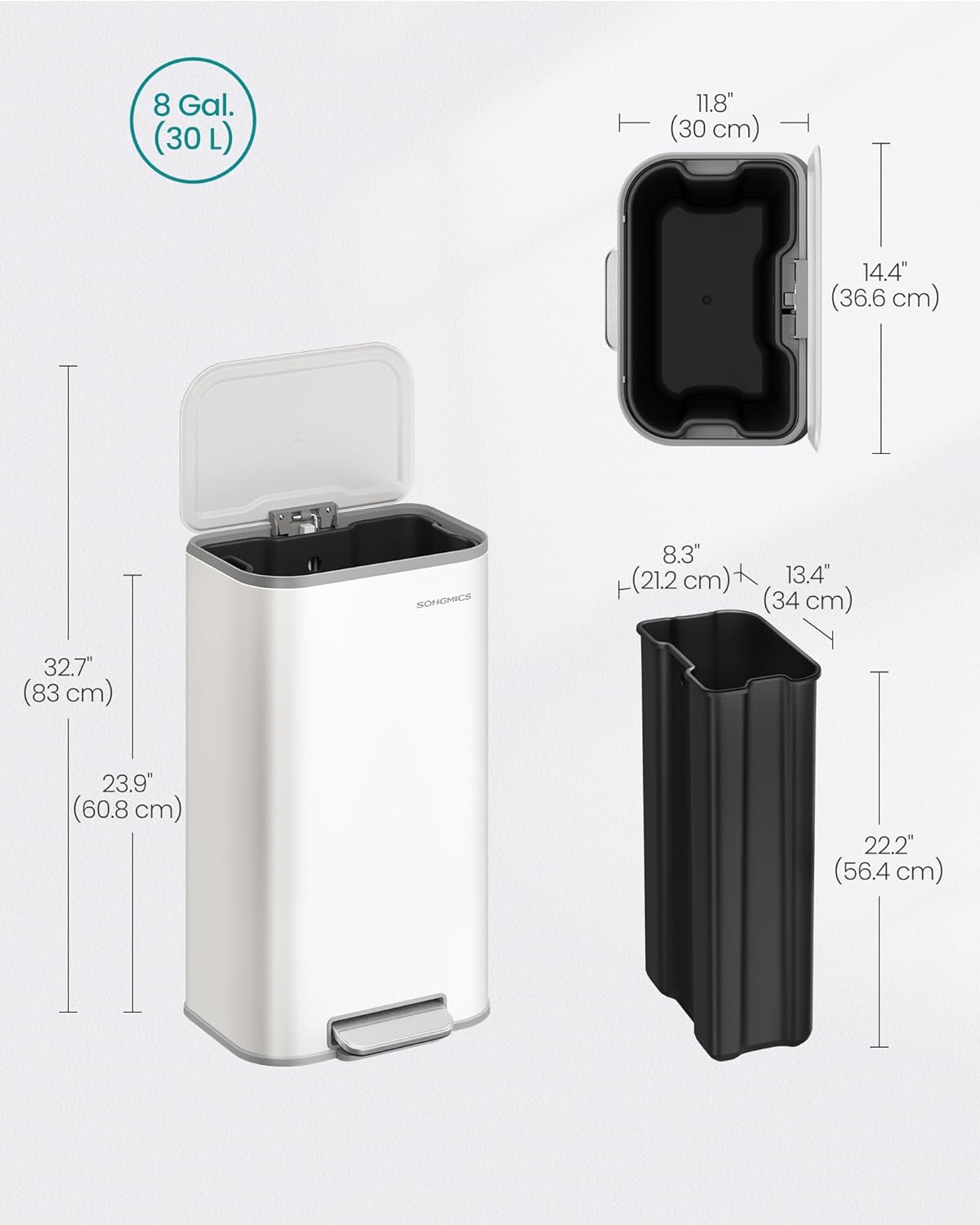 SONGMICS Kitchen Trash Can, 8-Gallon (30 L) Garbage Can with Lid, Stainless Steel, Soft Close and