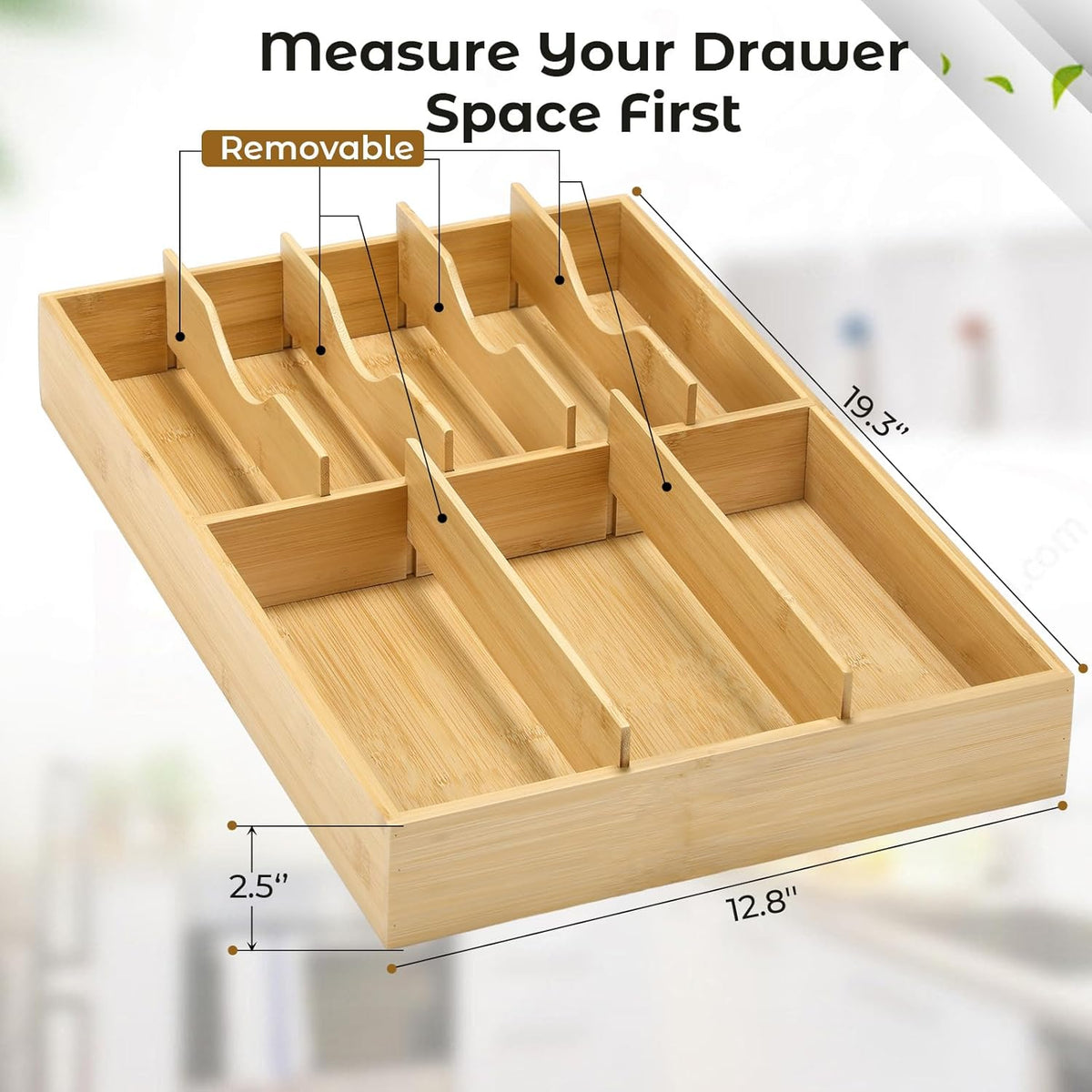 Fabsome Silverware Organizer for Kitchen Drawers, 2.5'' Deep 12.8'' Wide Bamboo Wood Flatware Tray